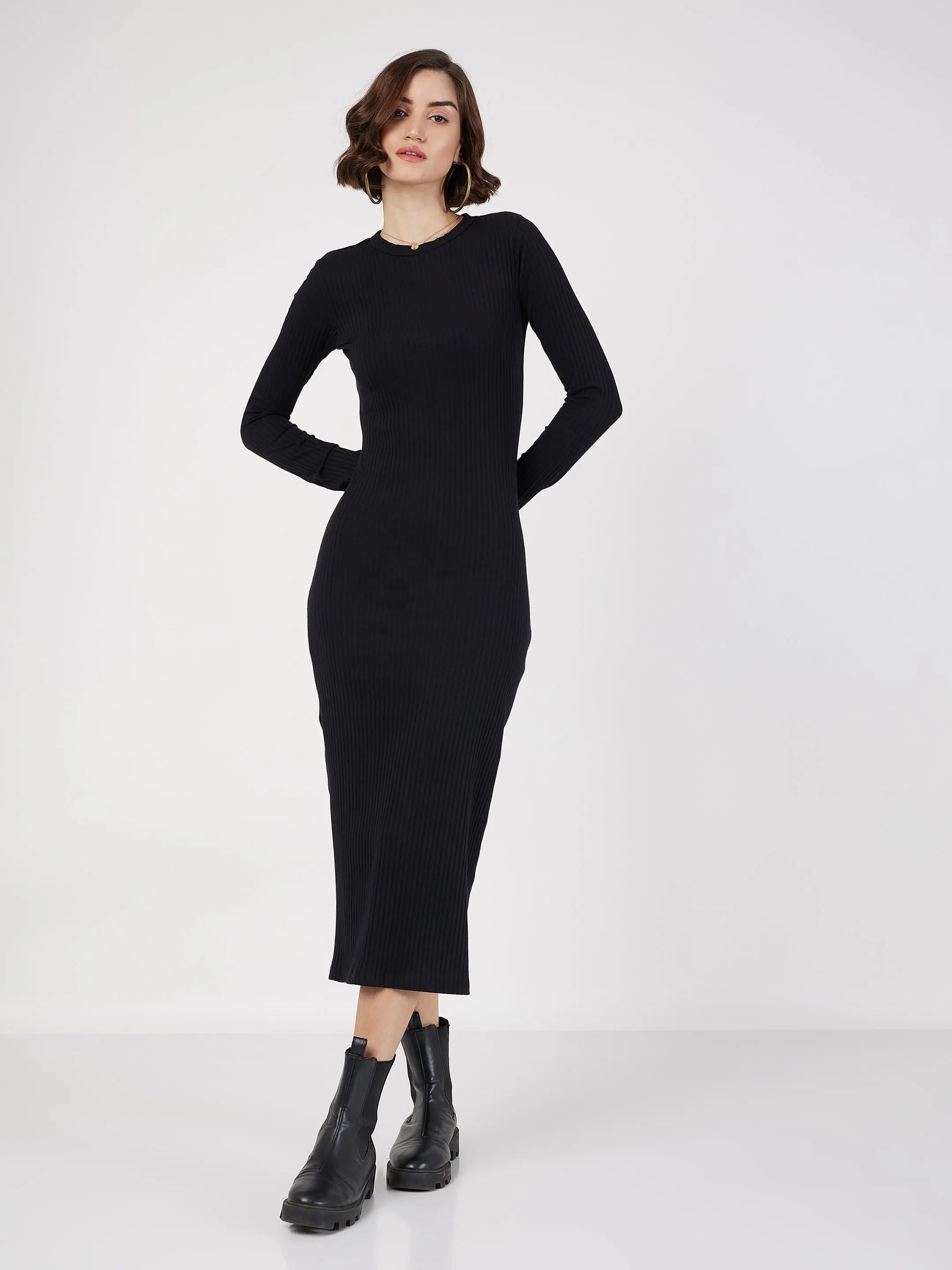 Black Rib Bodycon Midi Dress | Women's Western Wear Black Rib Bodycon Midi Dress | Women's Western Wear