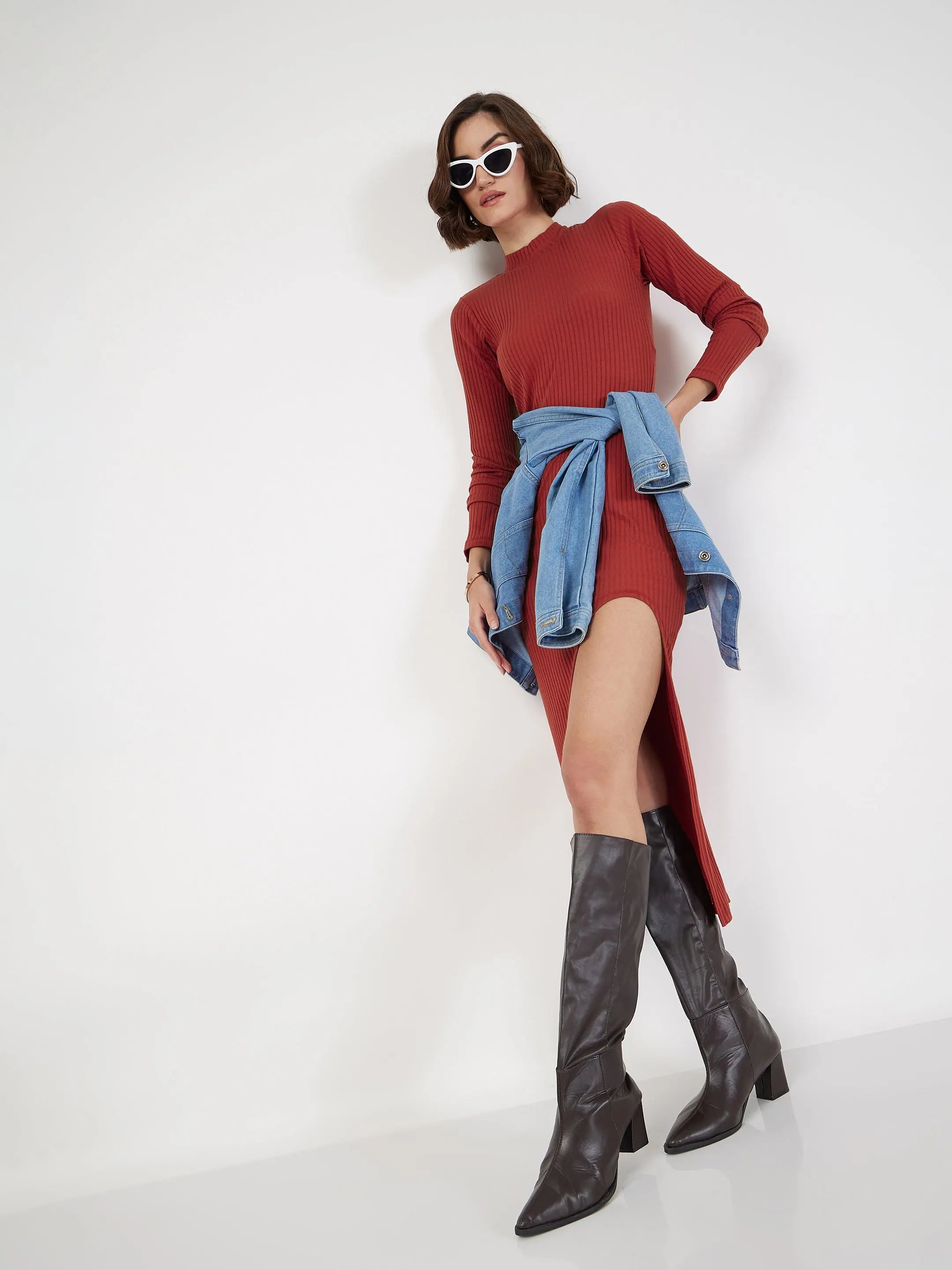 Rust Front Slit Dress | Women's Rib Turtle Neck Dress