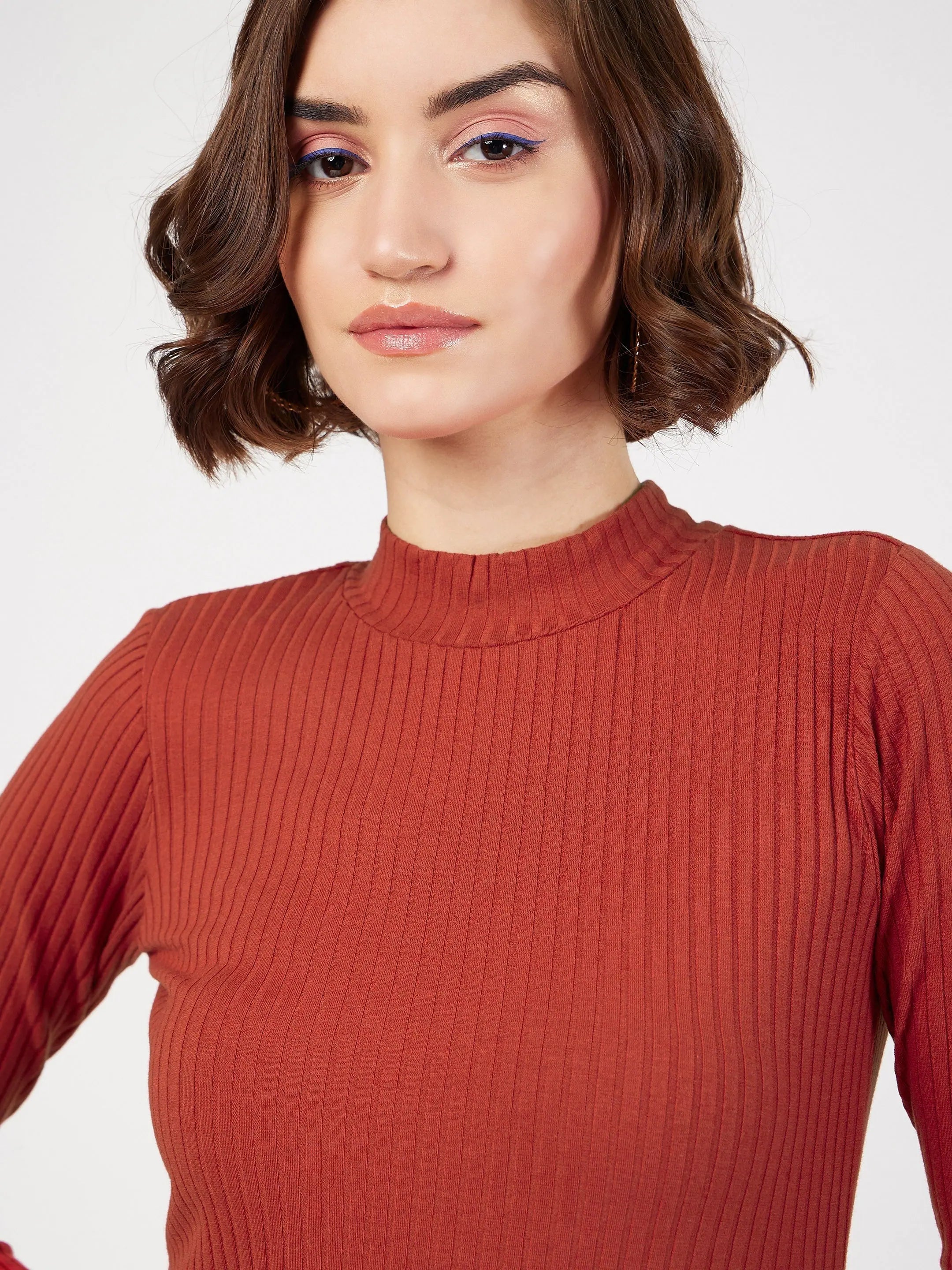 Rust Front Slit Dress | Women's Rib Turtle Neck Dress
