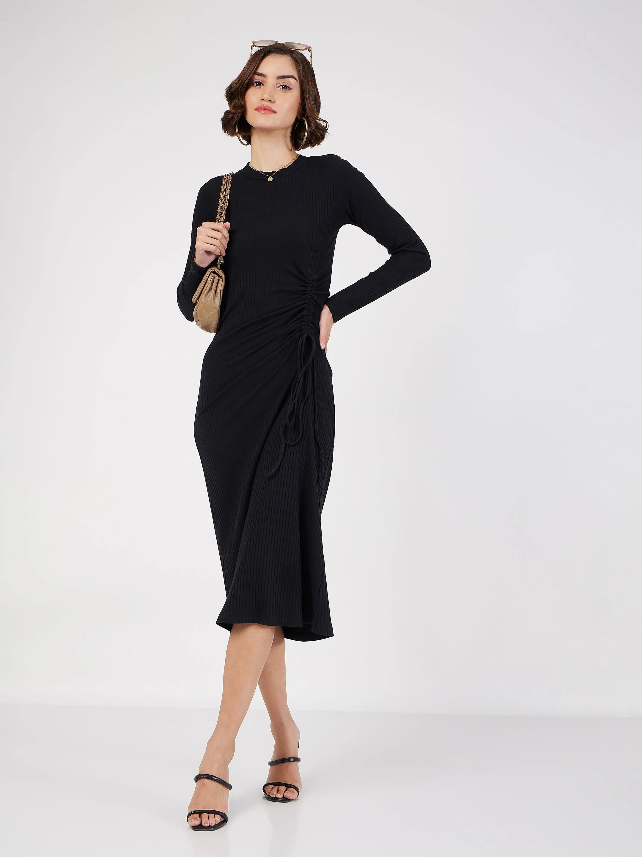 Black Bodycon Midi Dress | Women's Rib Ruched Dress