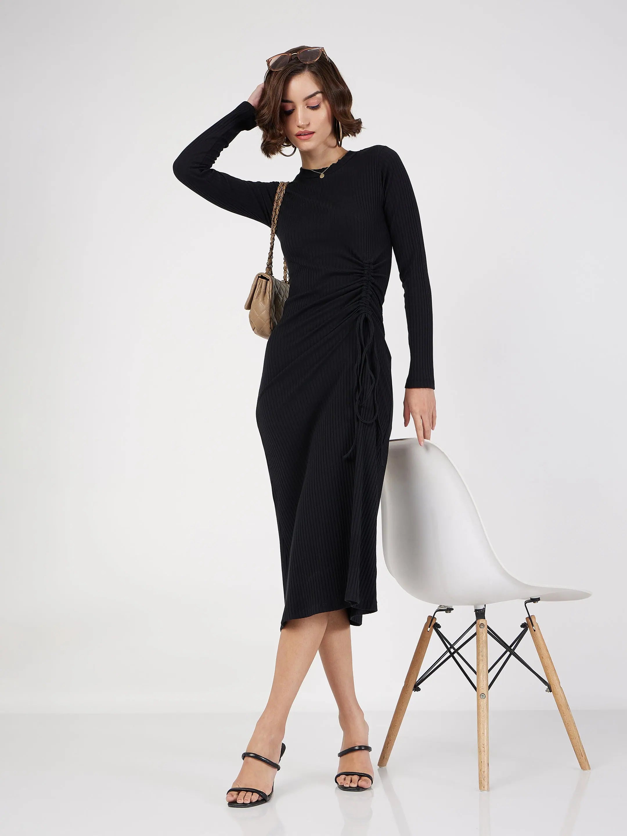 Black Bodycon Midi Dress | Women's Rib Ruched Dress