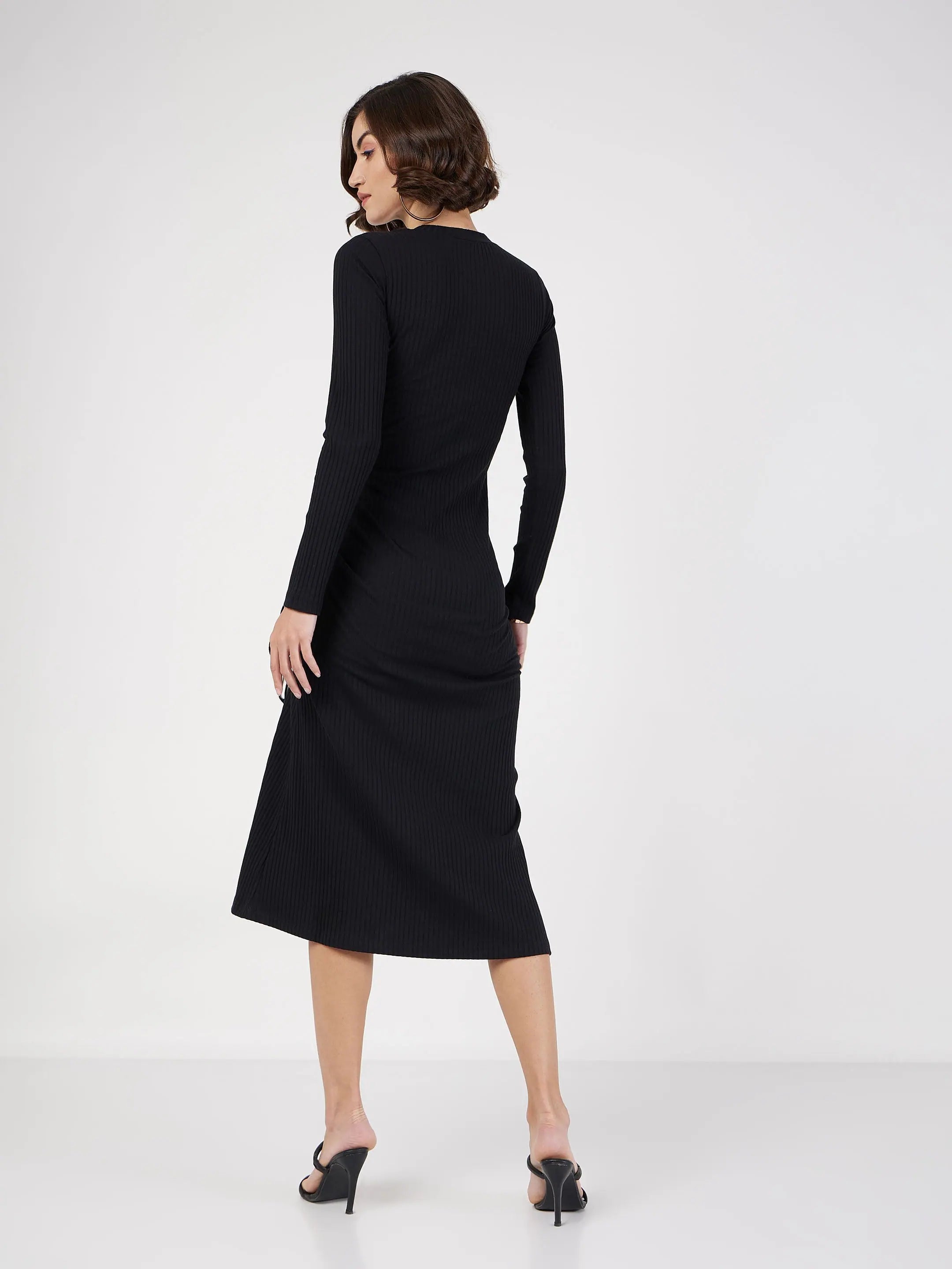 Black Bodycon Midi Dress | Women's Rib Ruched Dress