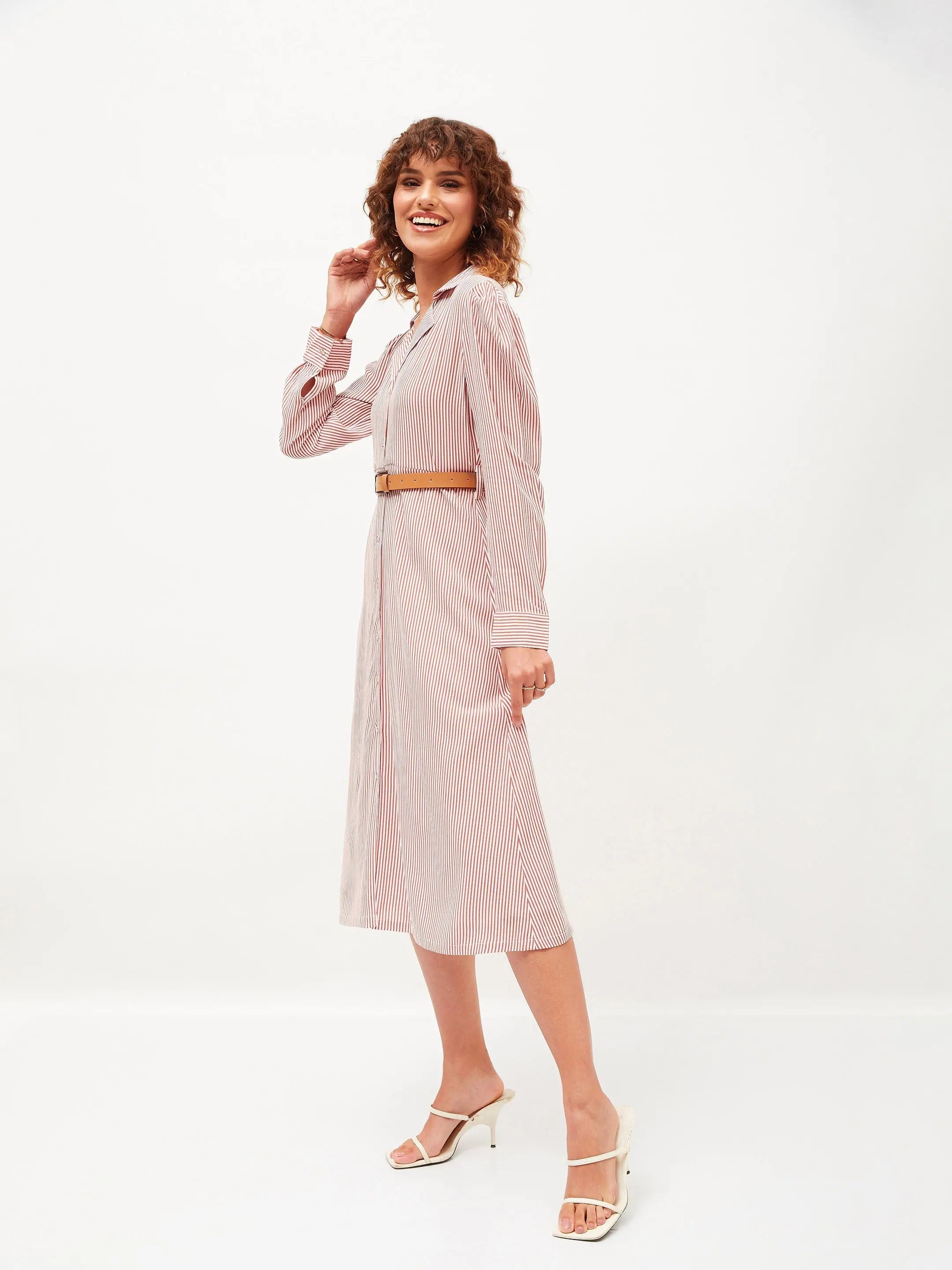 Pinstriped Shirt Dress | Red & White Women's Belted Dress