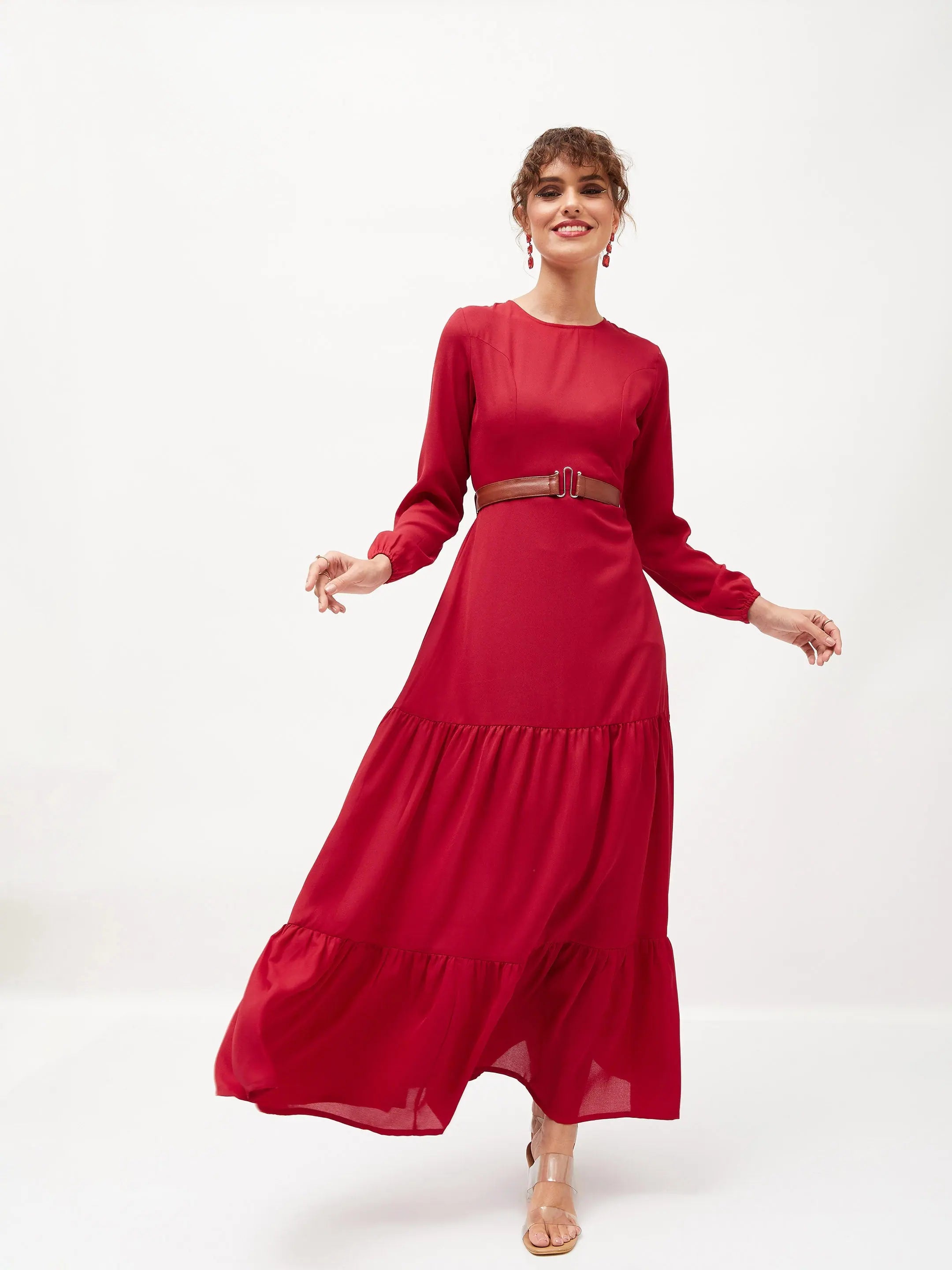 Maroon Maxi Dress | Belted Women's Polyester Dress