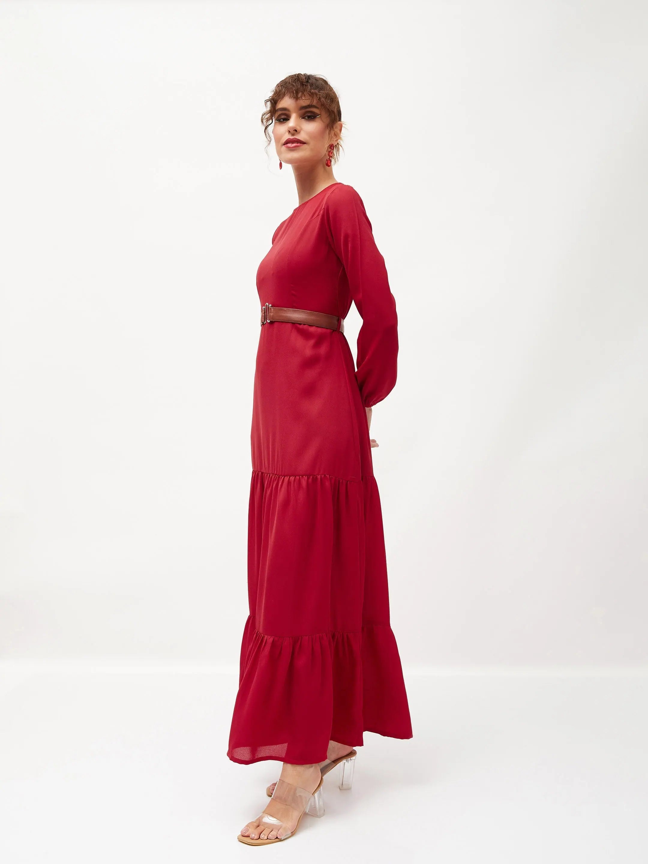 Maroon Maxi Dress | Belted Women's Polyester Dress