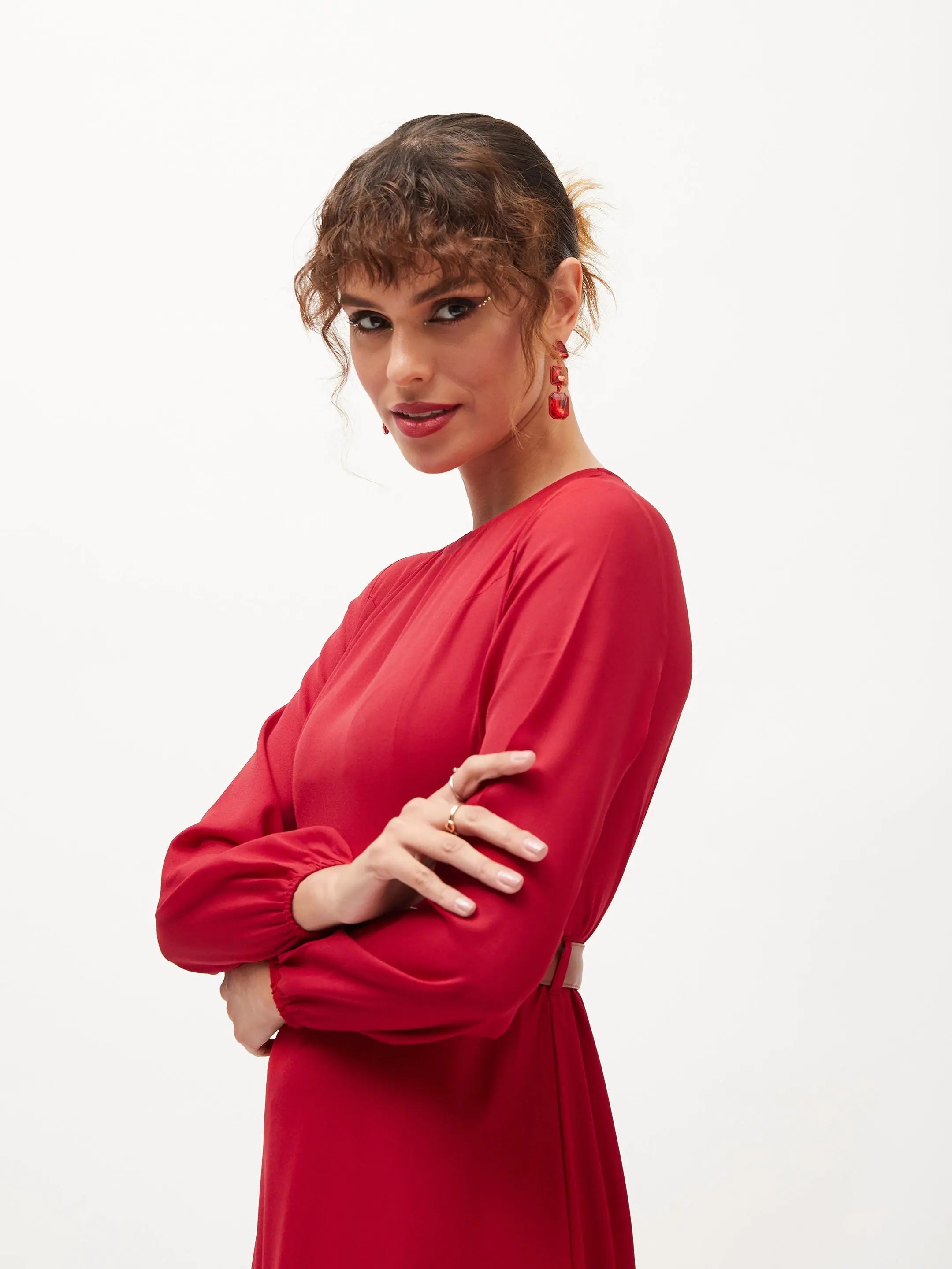 Maroon Maxi Dress | Belted Women's Polyester Dress