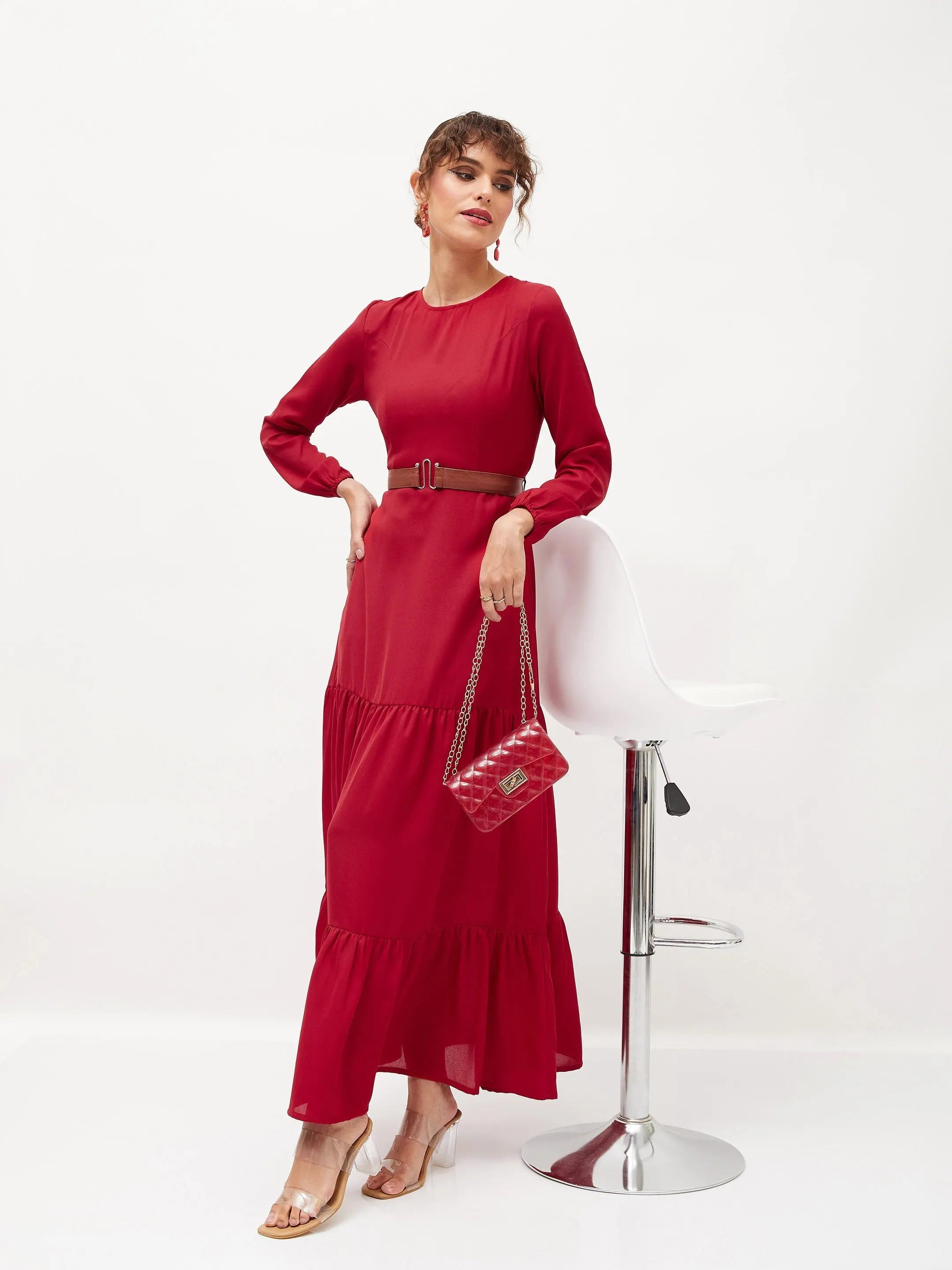 Maroon Maxi Dress | Belted Women's Polyester Dress