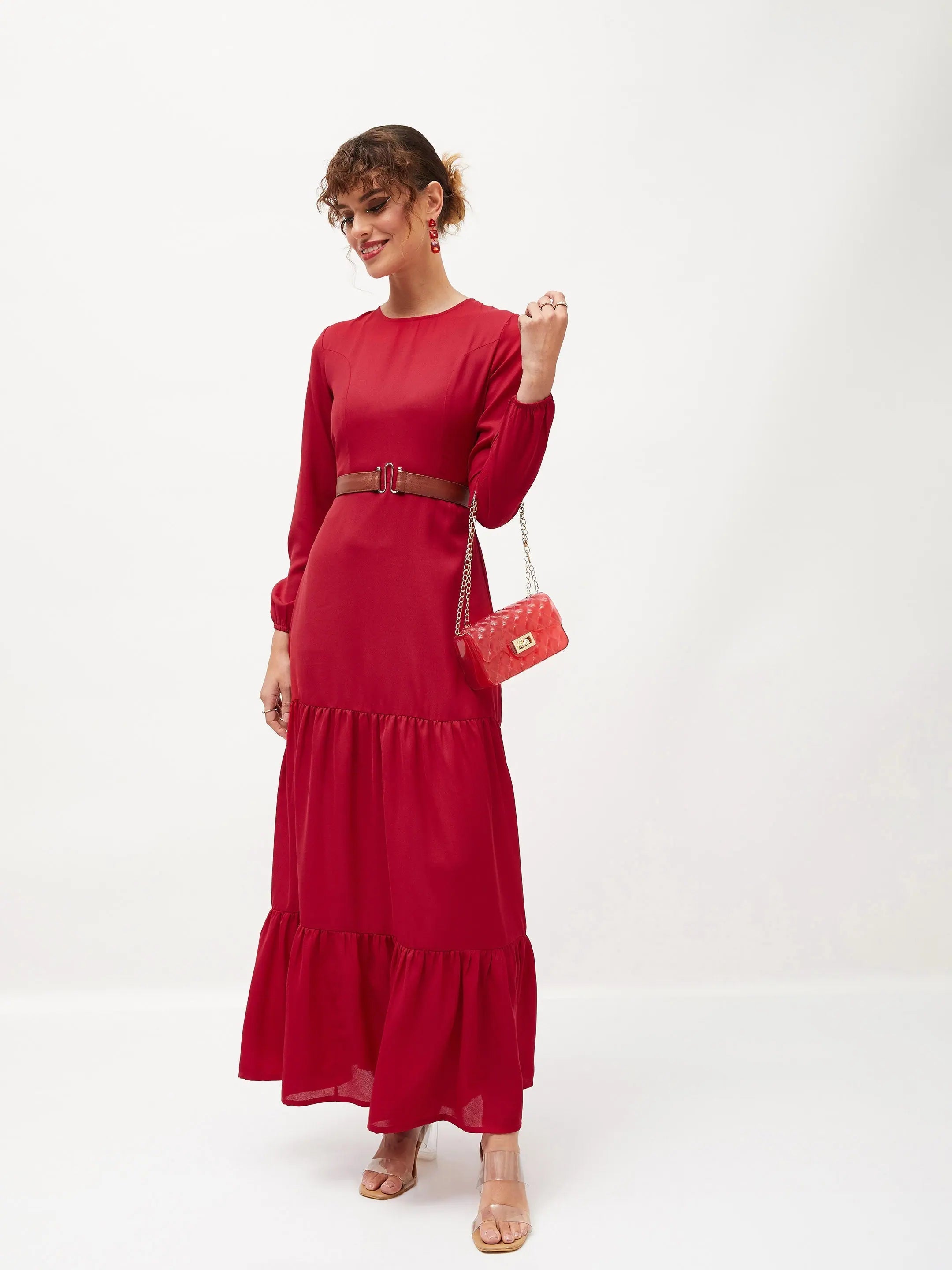 Maroon Maxi Dress | Belted Women's Polyester Dress