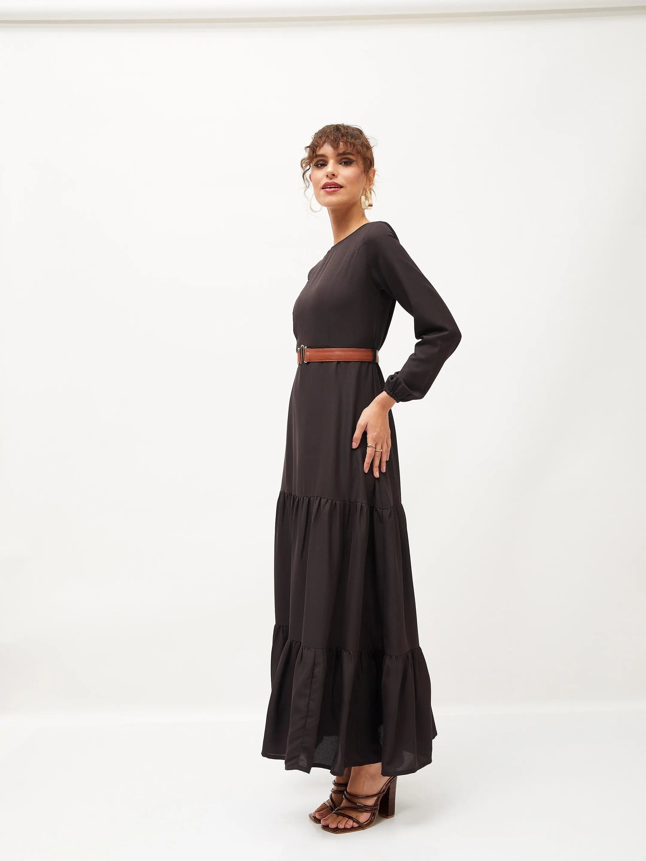 Black Belted Tiered Maxi Dress - Festive Lehenga Look