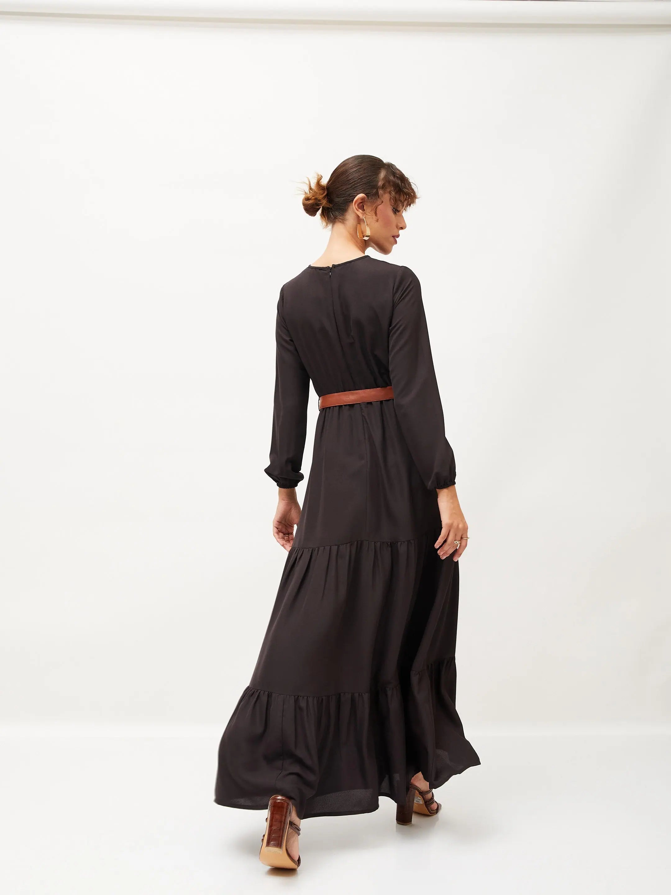 Black Belted Tiered Maxi Dress - Festive Lehenga Look