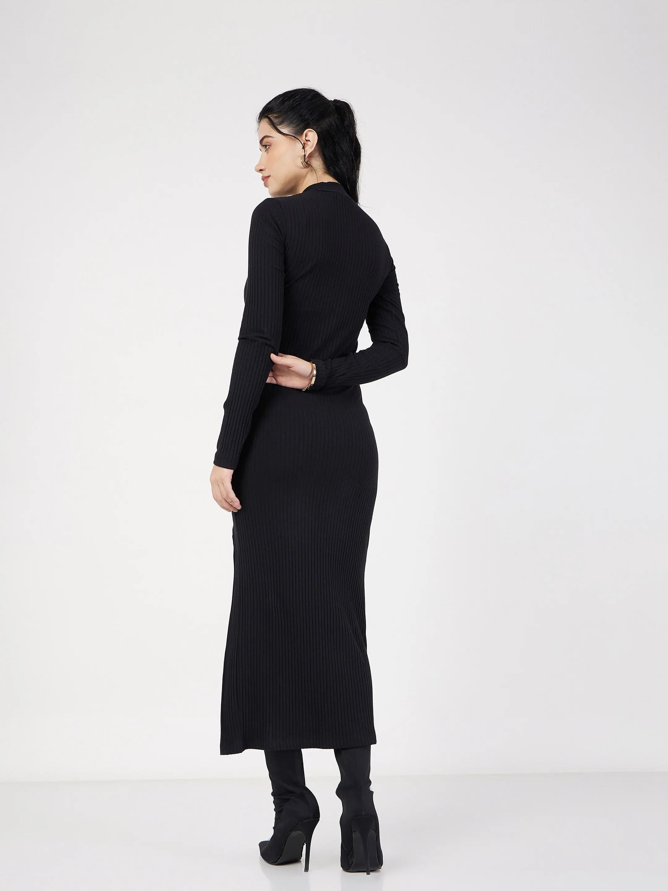 Black Rib Turtle Neck Dress | Women's Western Clothing, Slit