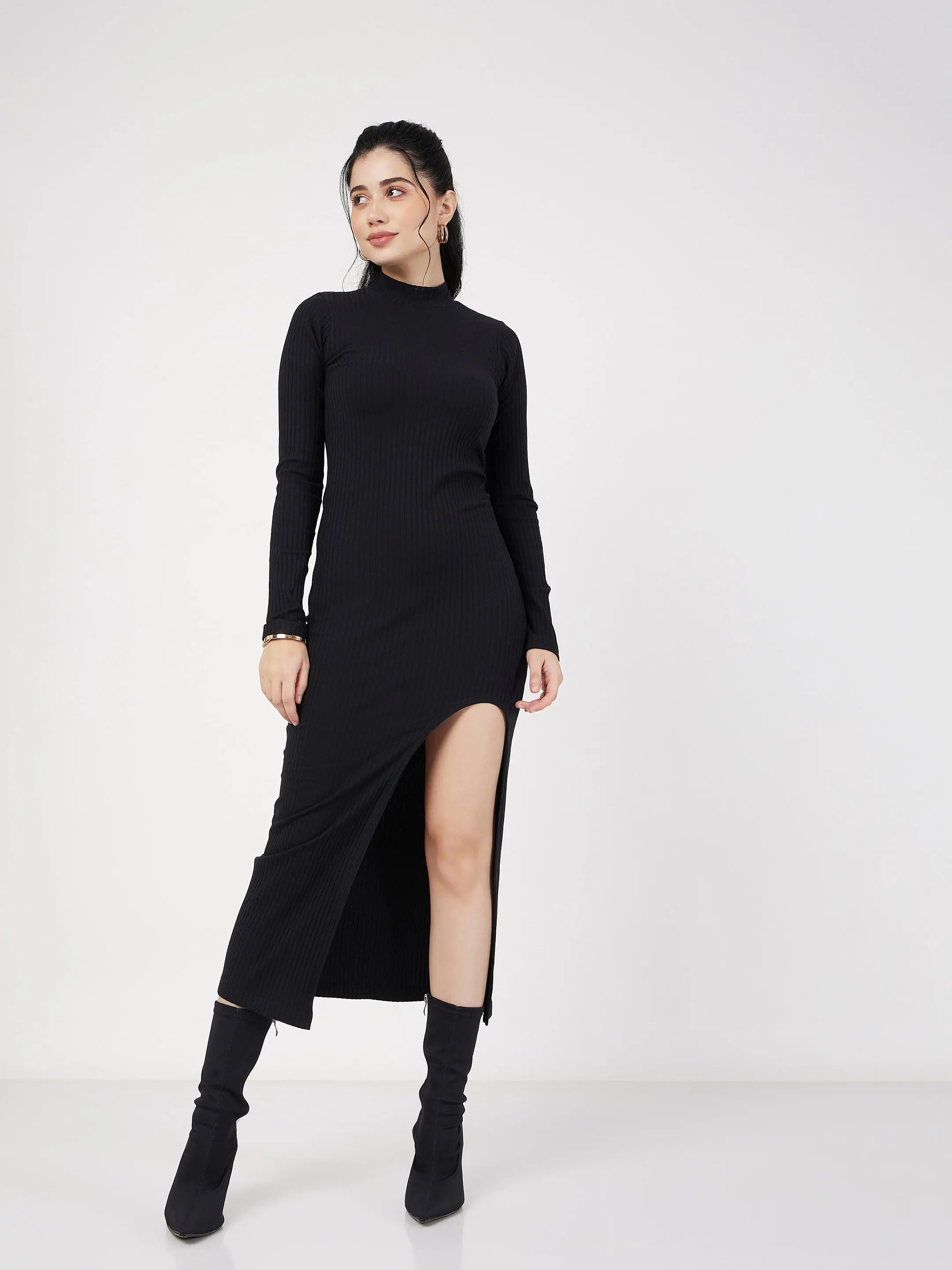 Black Rib Turtle Neck Dress | Women's Western Clothing, Slit