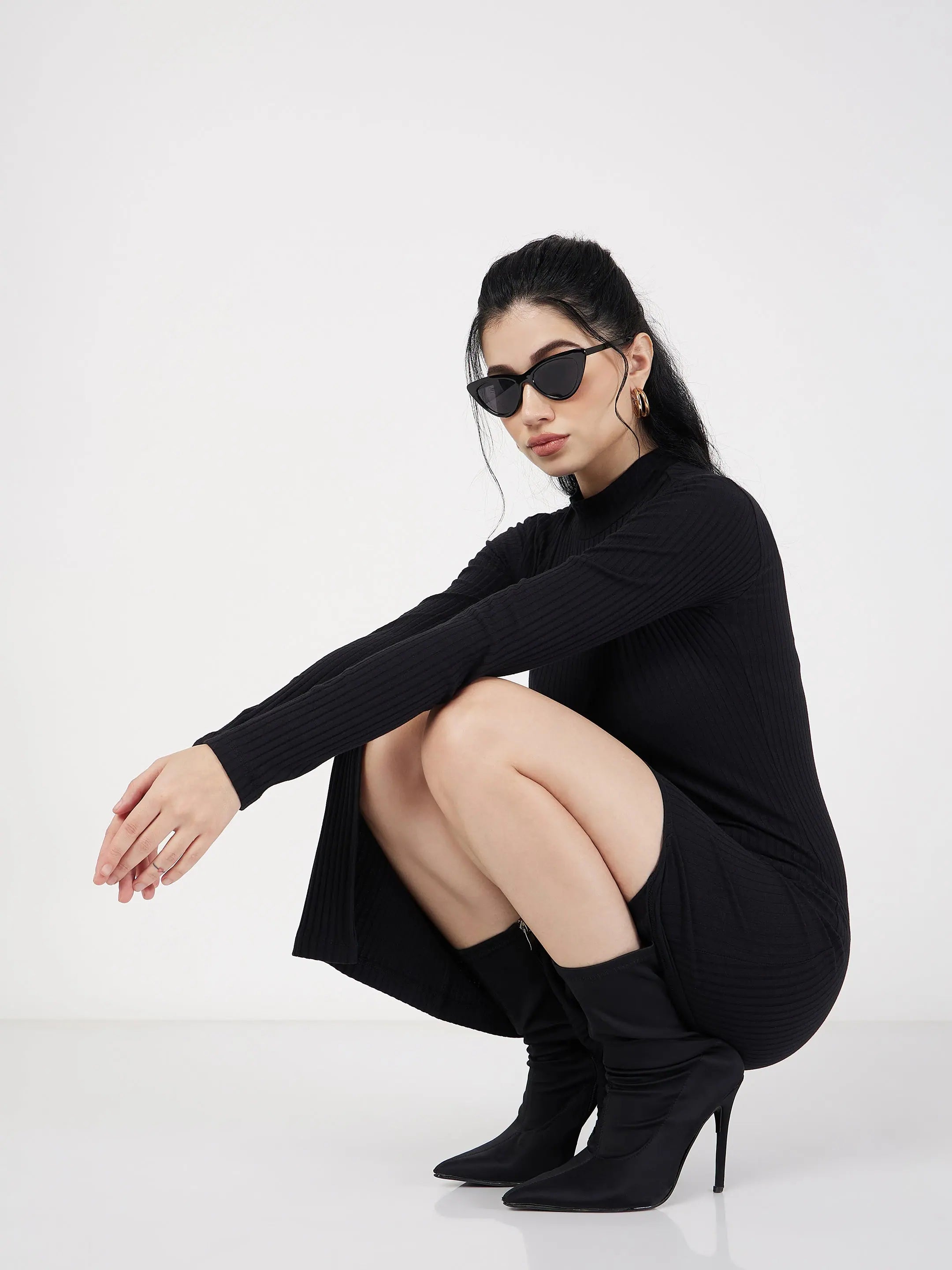Black Rib Turtle Neck Dress | Women's Western Clothing, Slit