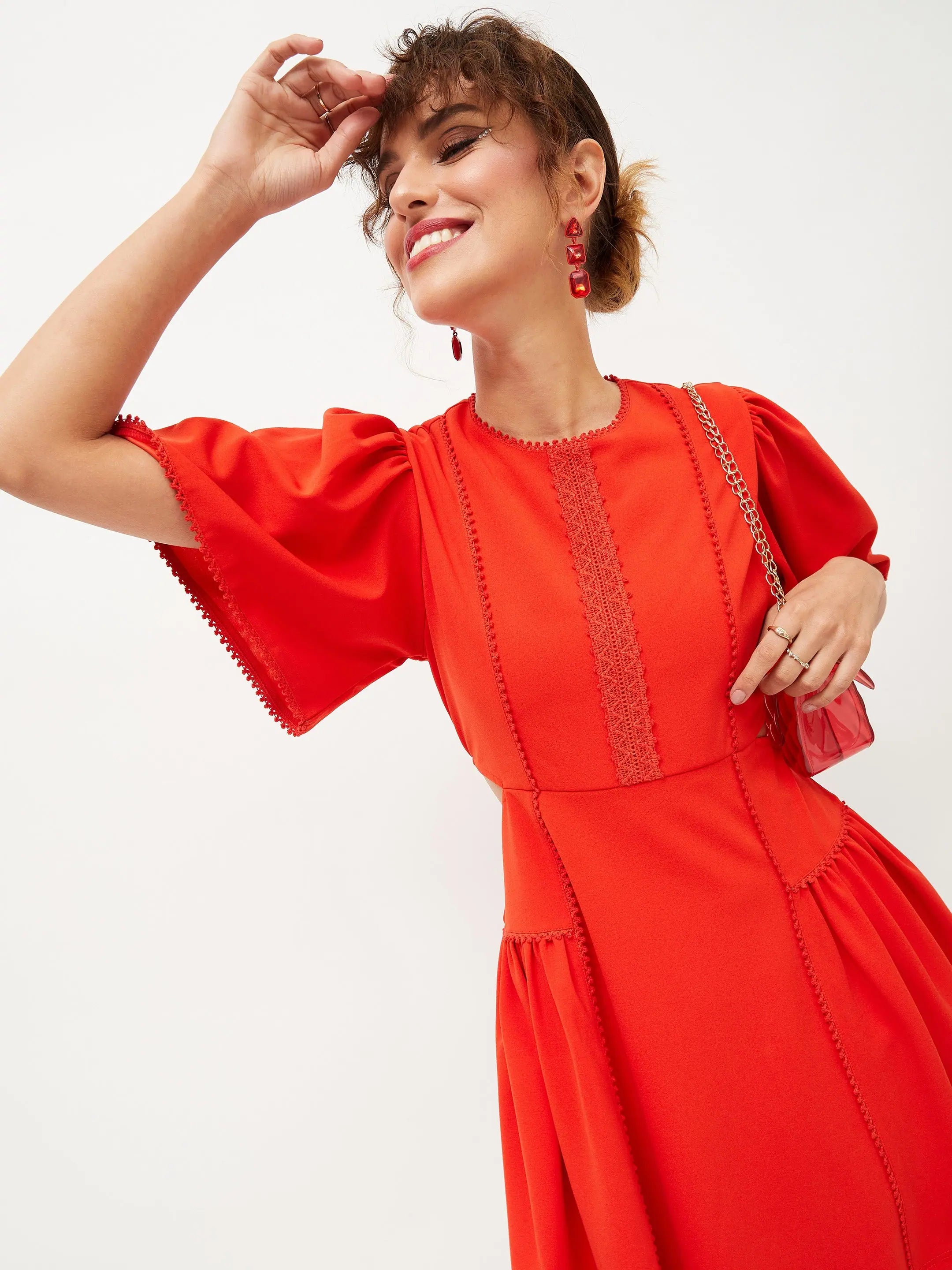 Orange Side Cut Out Skater Dress - Ethnic Lehenga Style