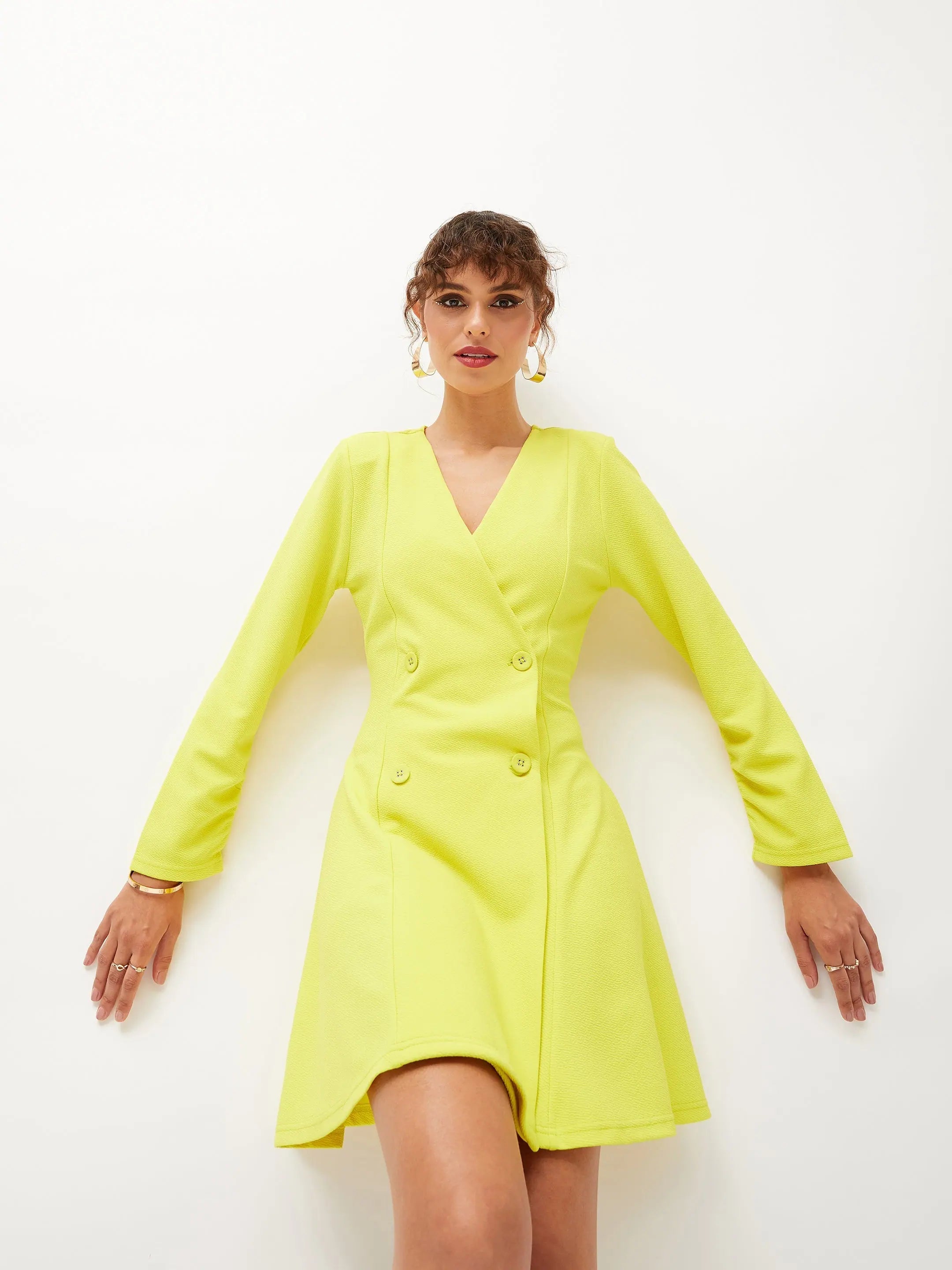 Neon Yellow Knitted Wrap Dress | Polyester Fabric for Women