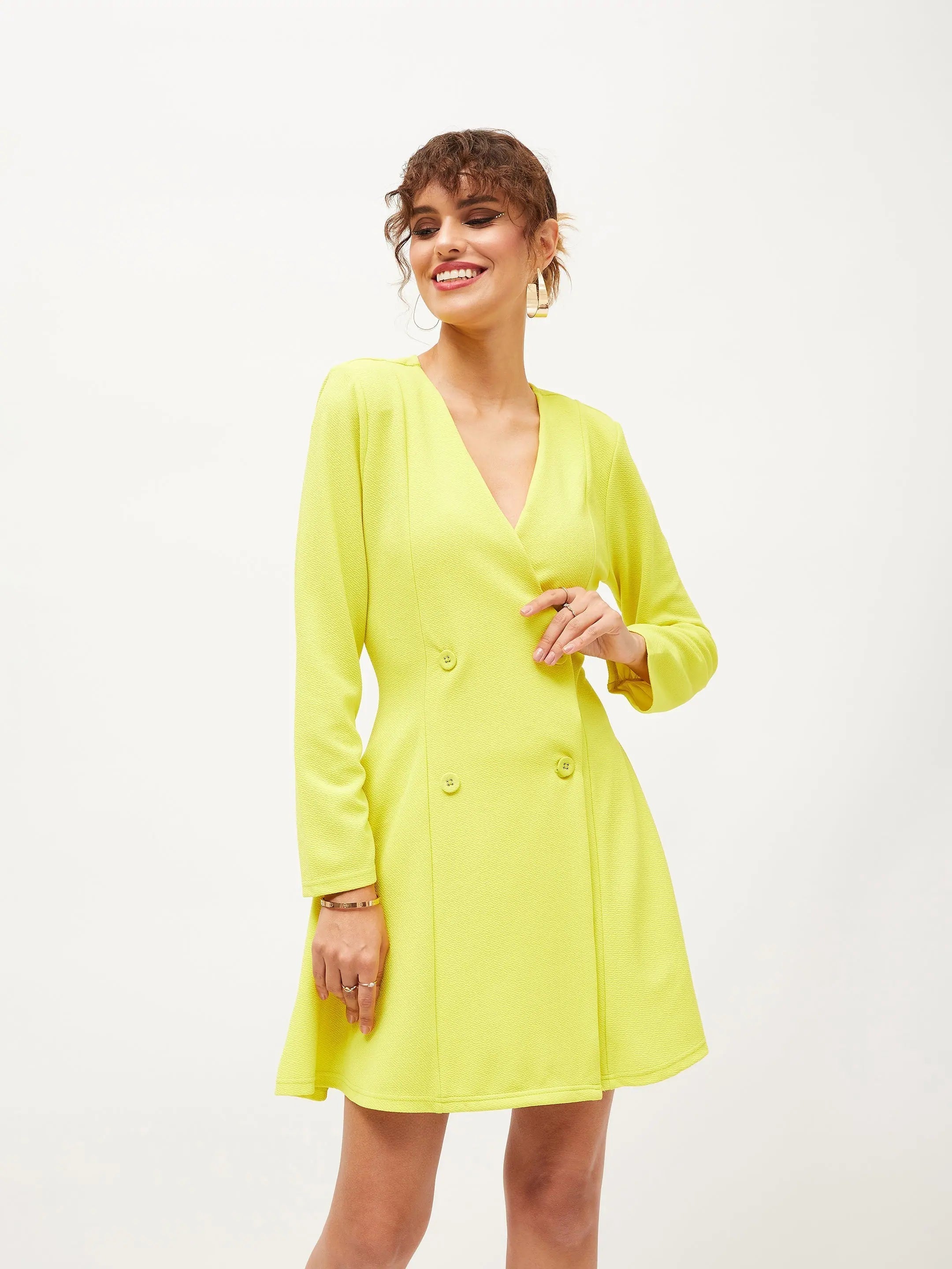 Neon Yellow Knitted Wrap Dress | Polyester Fabric for Women
