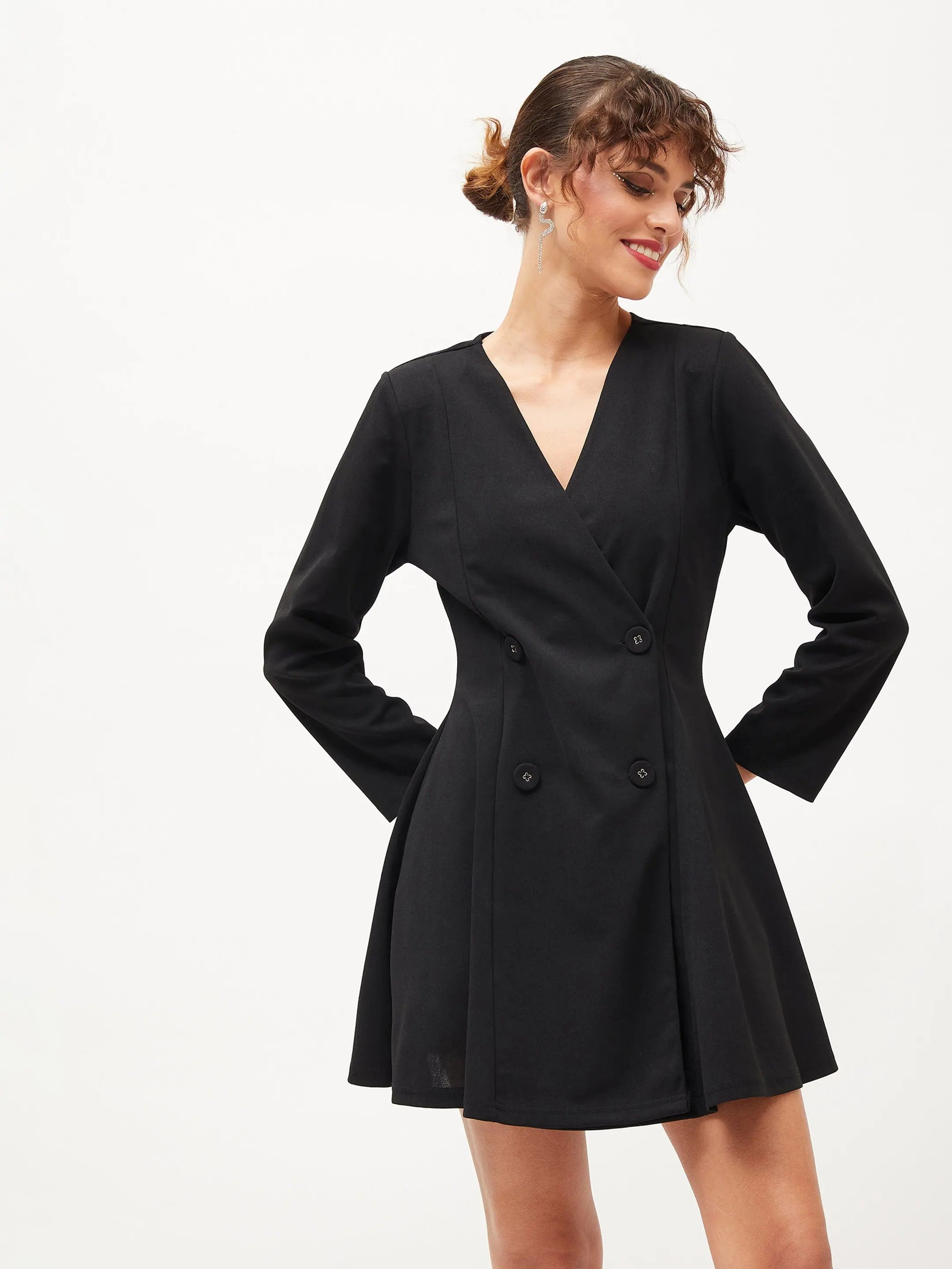 Women Black Knitted Wrap Dress | Polyester Material