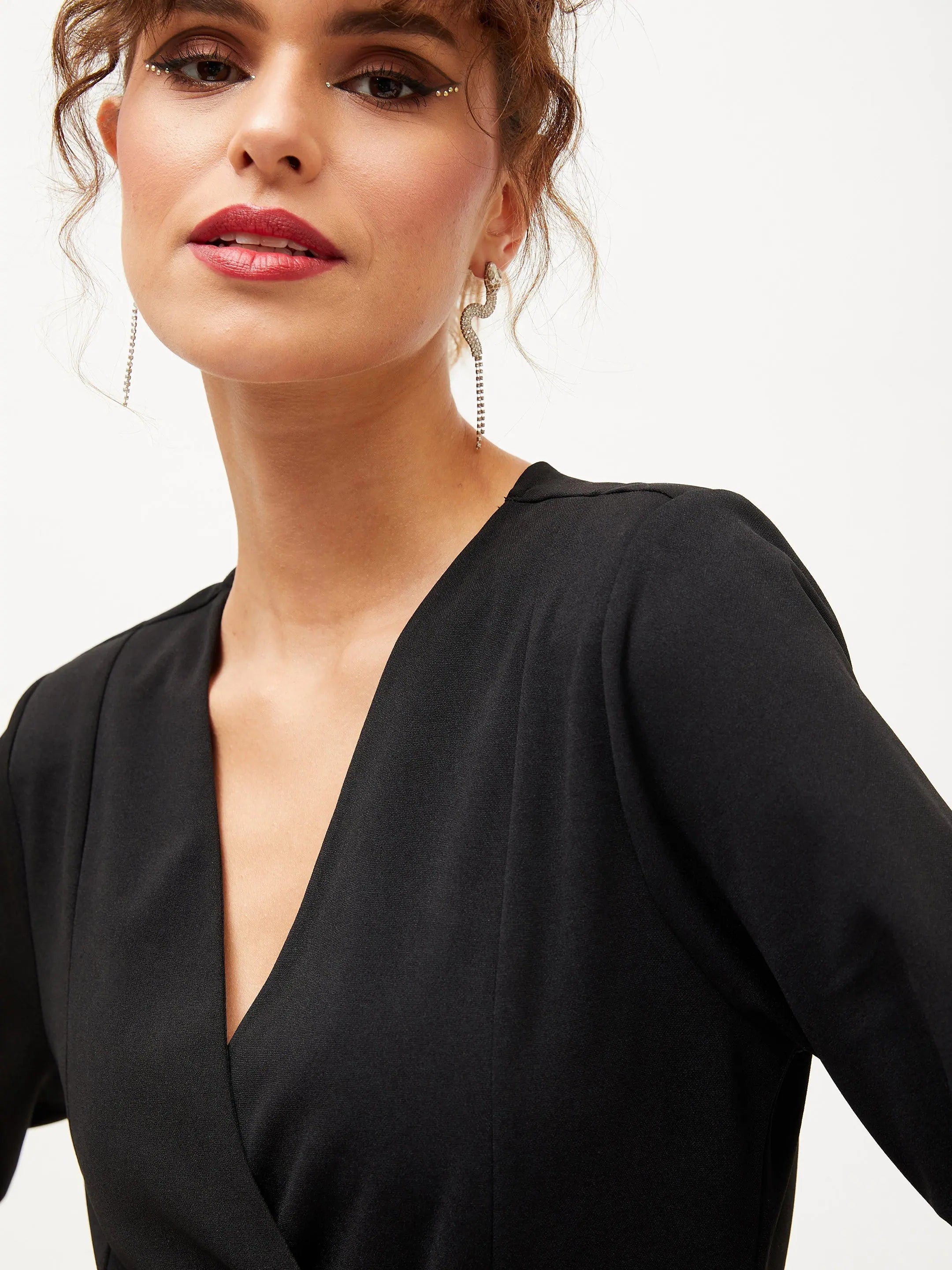 Women Black Knitted Wrap Dress | Polyester Material