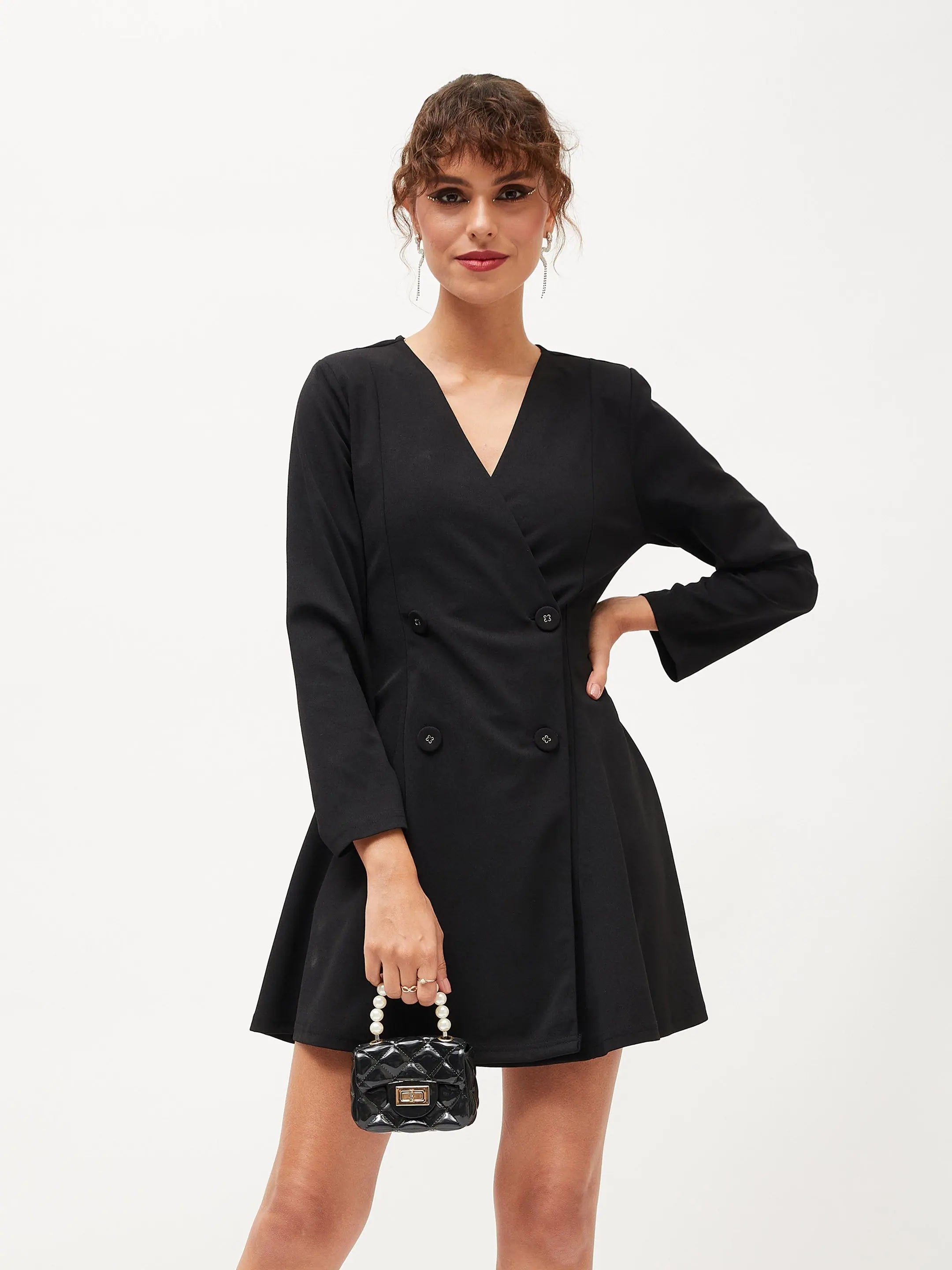 Women Black Knitted Wrap Dress | Polyester Material