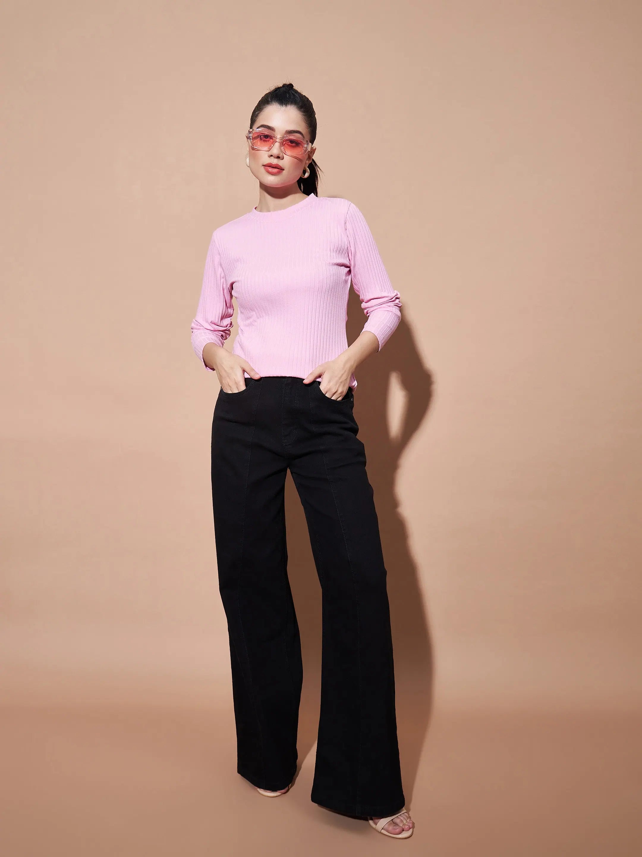 Pink Full Sleeve Rib Top - Women's Western Wear Online