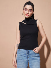 Women Black Turtle Neck Sleeveless Rib Top