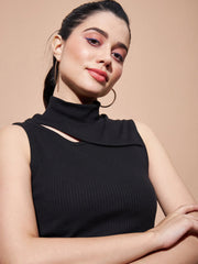 Women Black Turtle Neck Sleeveless Rib Top