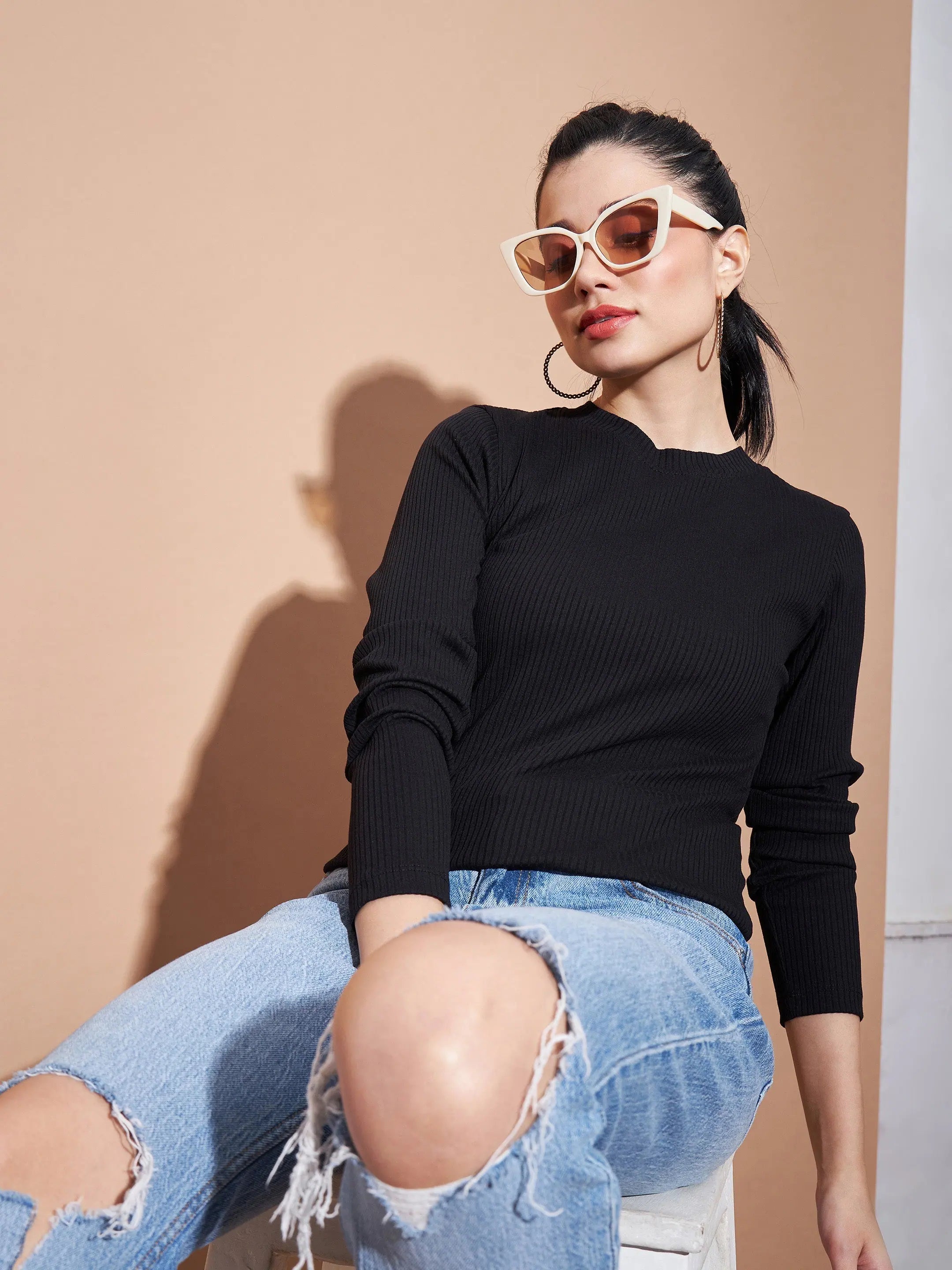 Black Full Sleeves Rib Top | Women's Western Wear