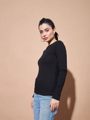 Women Black Full Sleeves Rib Top