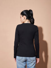Women Black Full Sleeves Rib Top