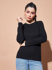 Women Black Full Sleeves Rib Top