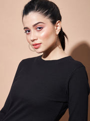 Women Black Full Sleeves Rib Top