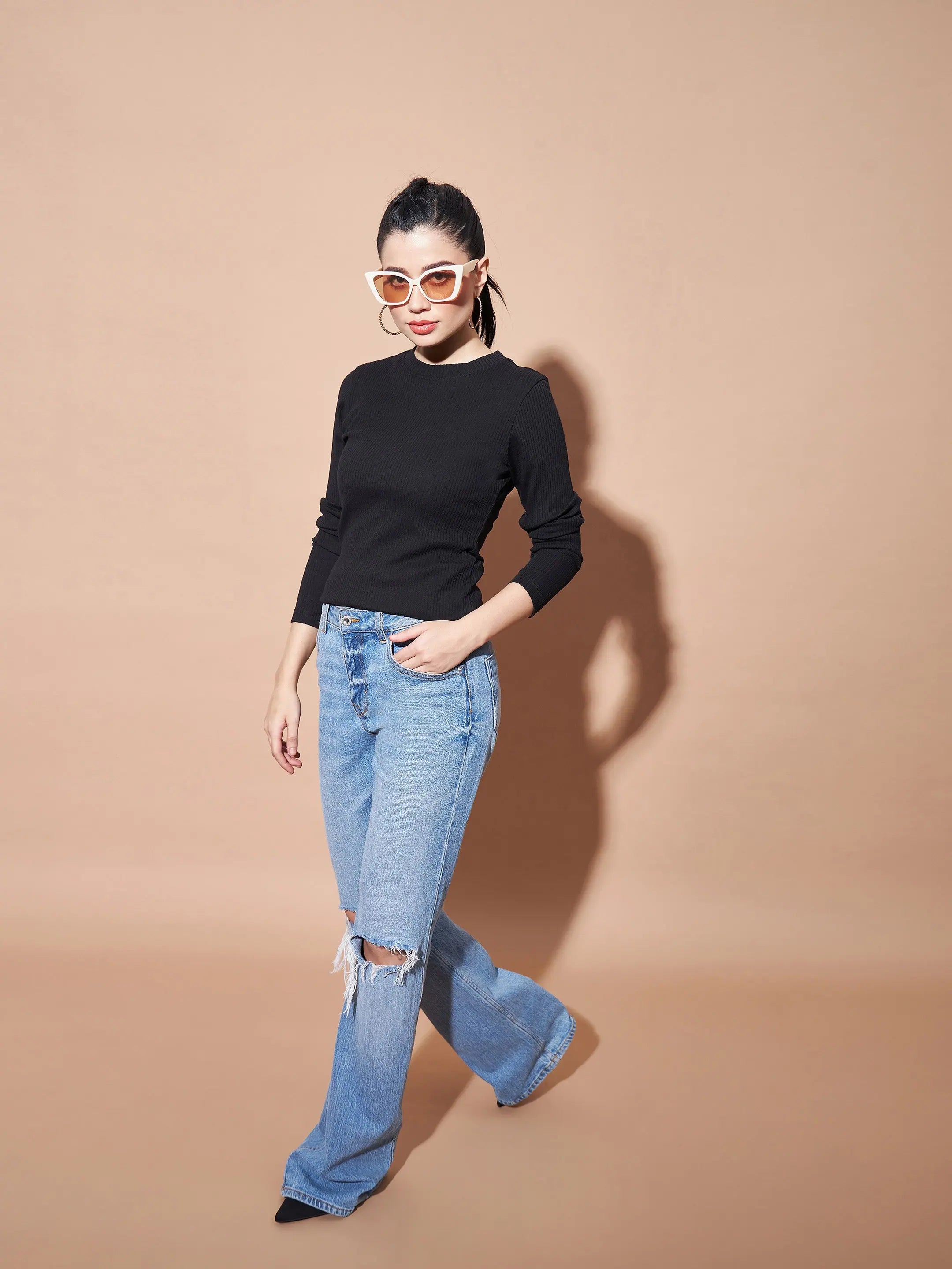 Black Full Sleeves Rib Top | Women's Western Wear