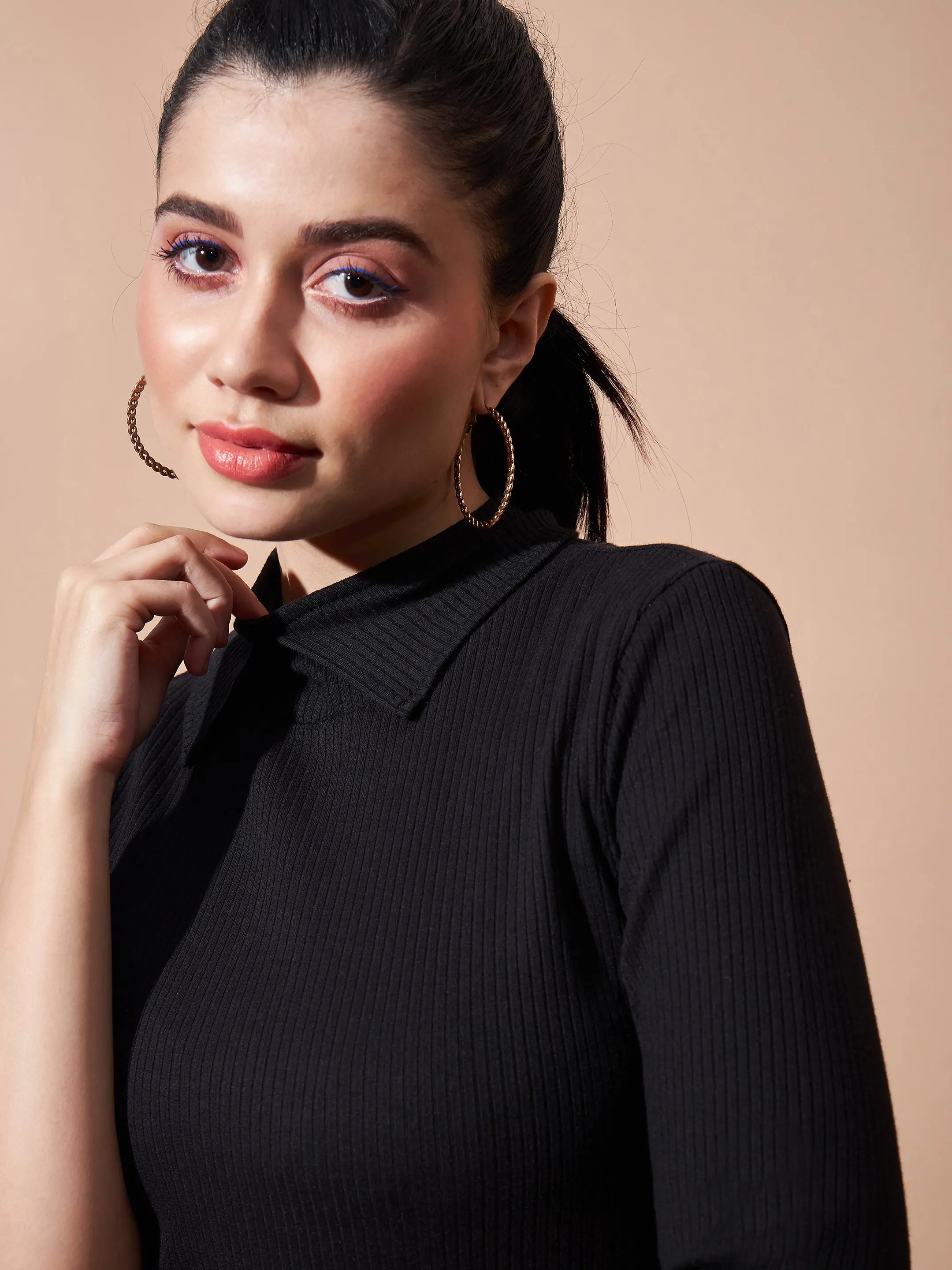 Black Stand Up Collar Rib Top - Women's Western Clothing