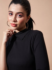 Women Black Stand Up Collar Rib Top