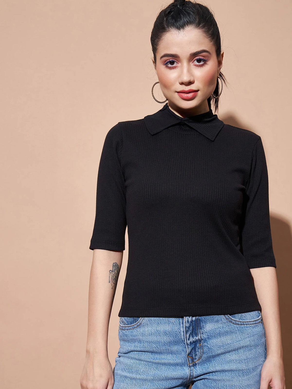 Women Black Stand Up Collar Rib Top