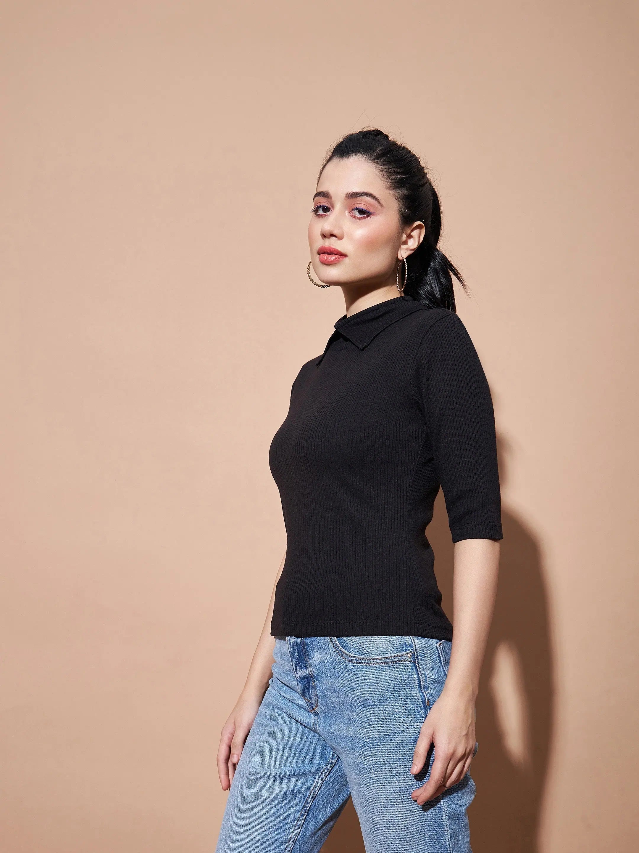 Black Stand Up Collar Rib Top - Women's Western Clothing