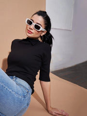 Women Black Stand Up Collar Rib Top