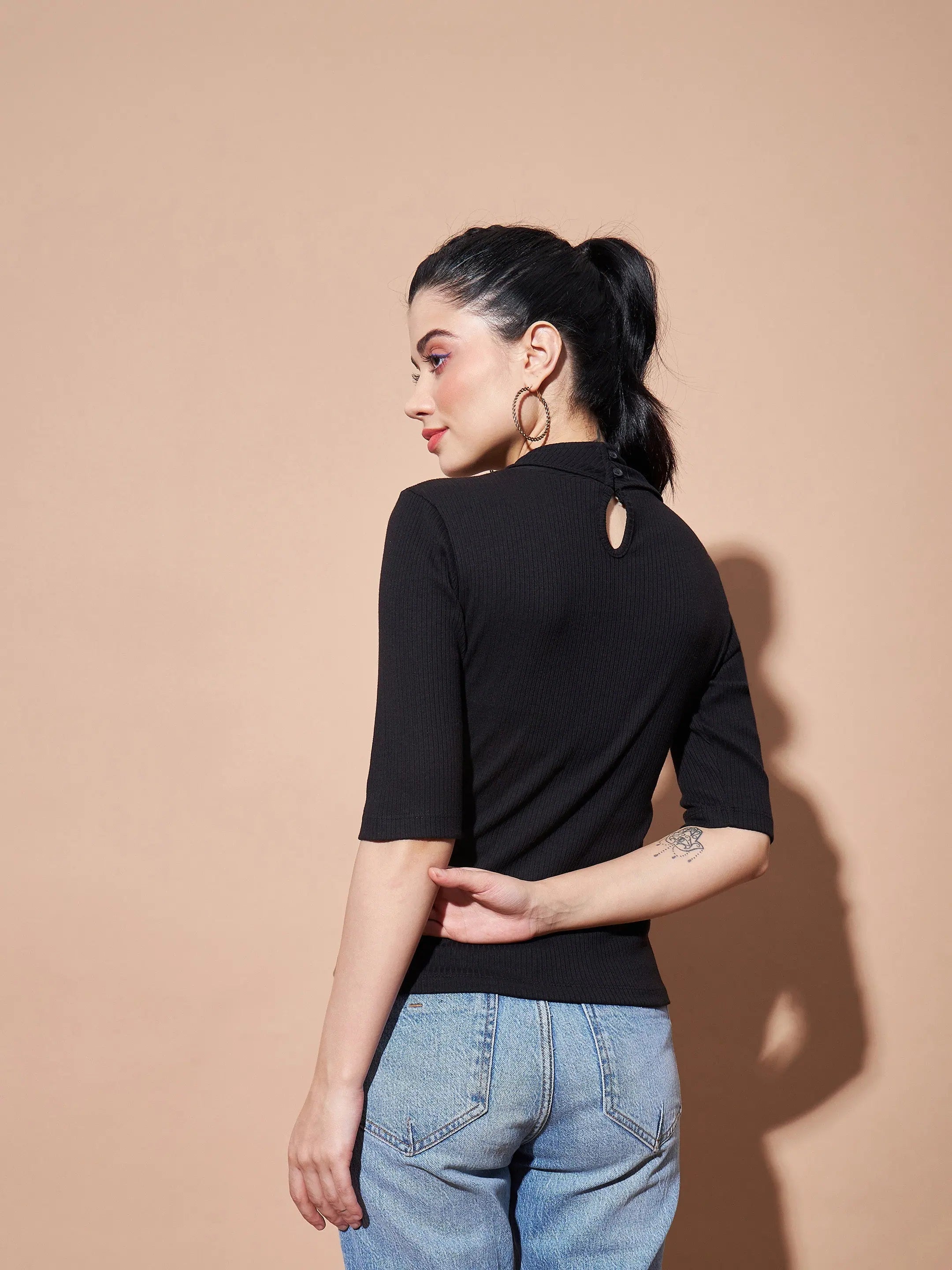 Black Stand Up Collar Rib Top - Women's Western Clothing