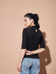 Women Black Stand Up Collar Rib Top