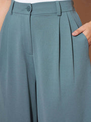 Women Airforce Blue Pleated Wide Leg Pants