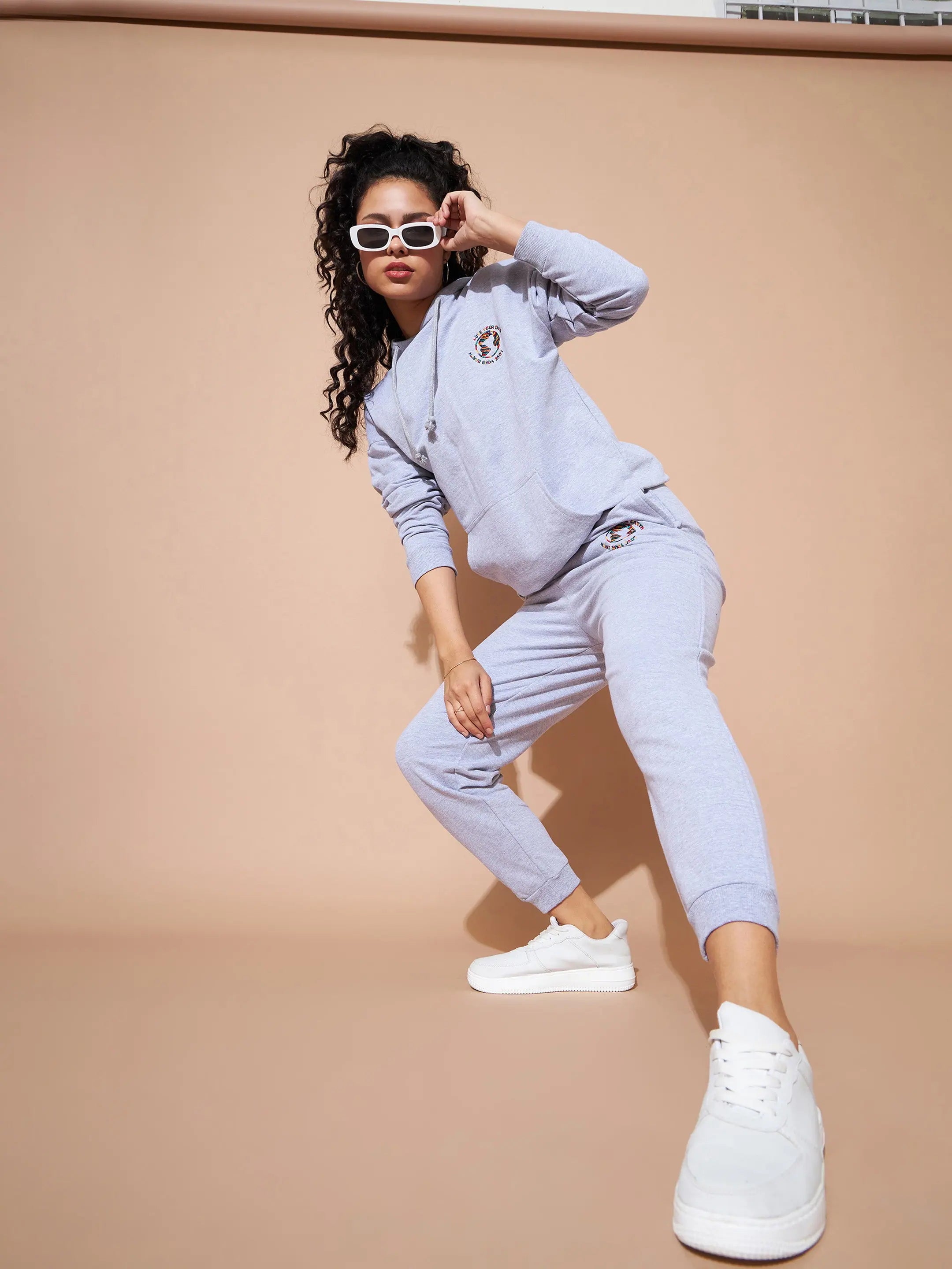 Grey Embroidered Hoodie & Track Pants Set - Western Wear