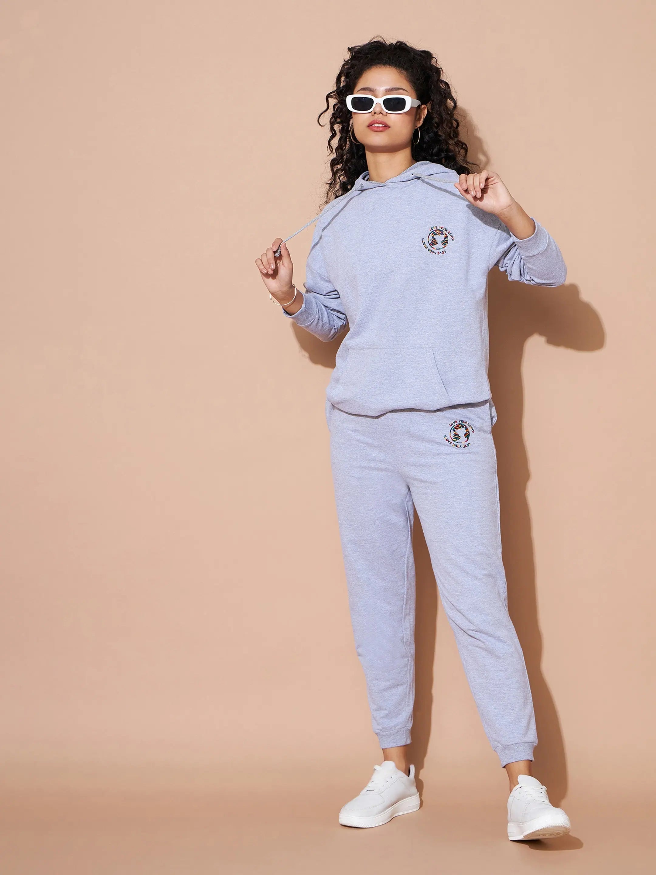 Grey Embroidered Hoodie & Track Pants Set - Western Wear