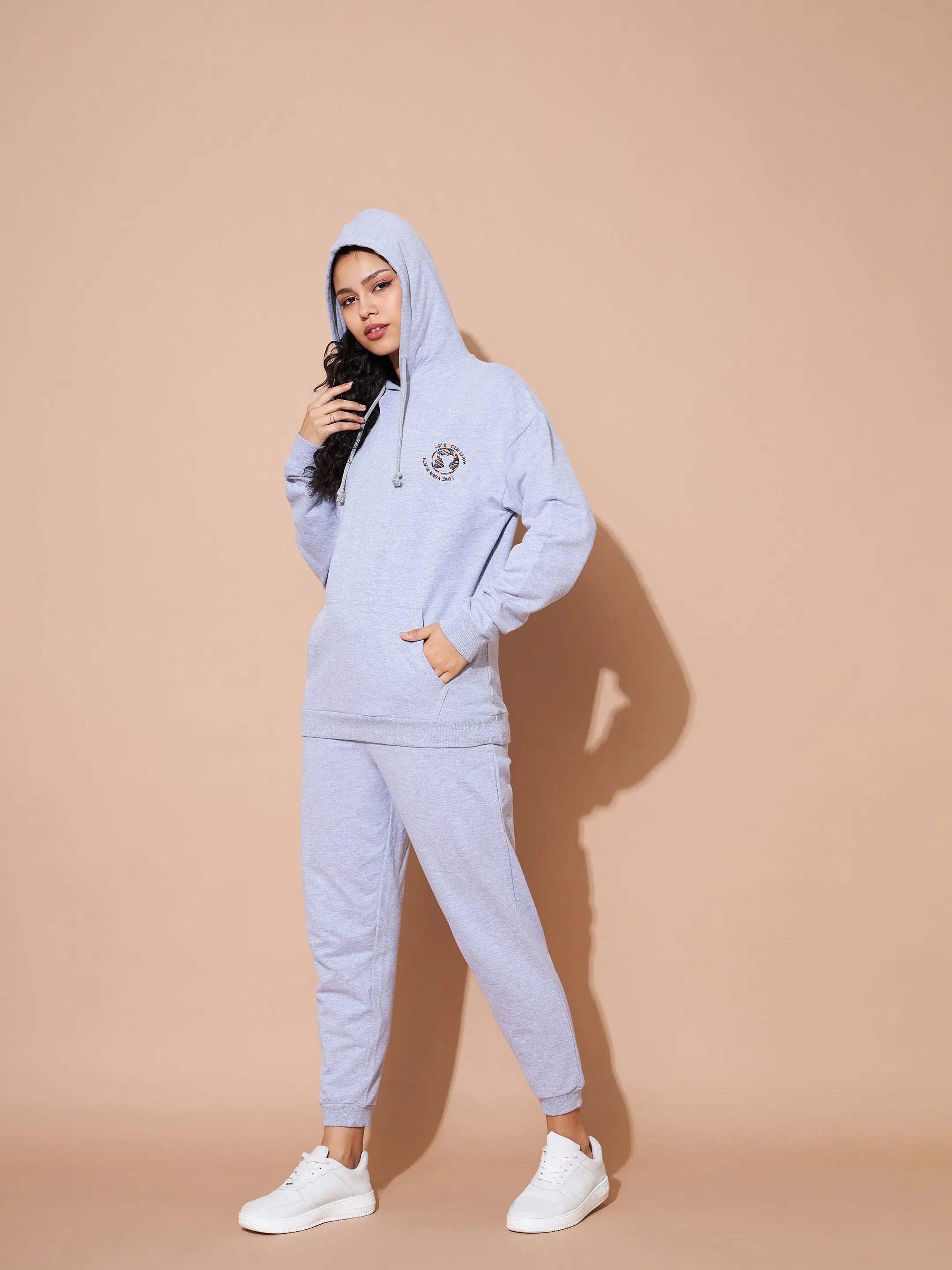 Grey Embroidered Hoodie & Track Pants Set - Western Wear