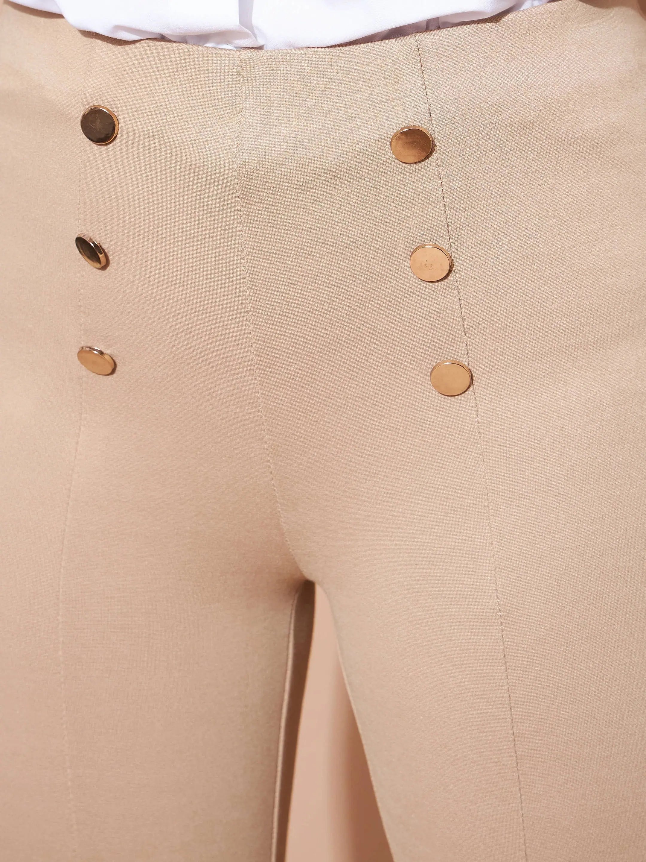 Beige High Waist Gold Button Pants - Women's Western Clothing