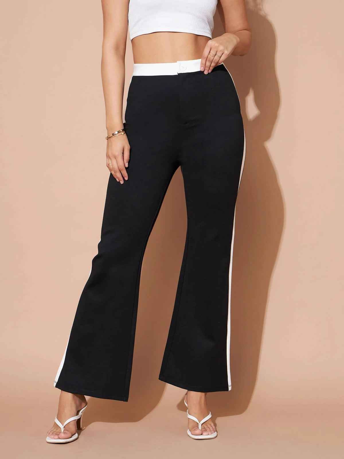 Women Black And White Colour Block Pants