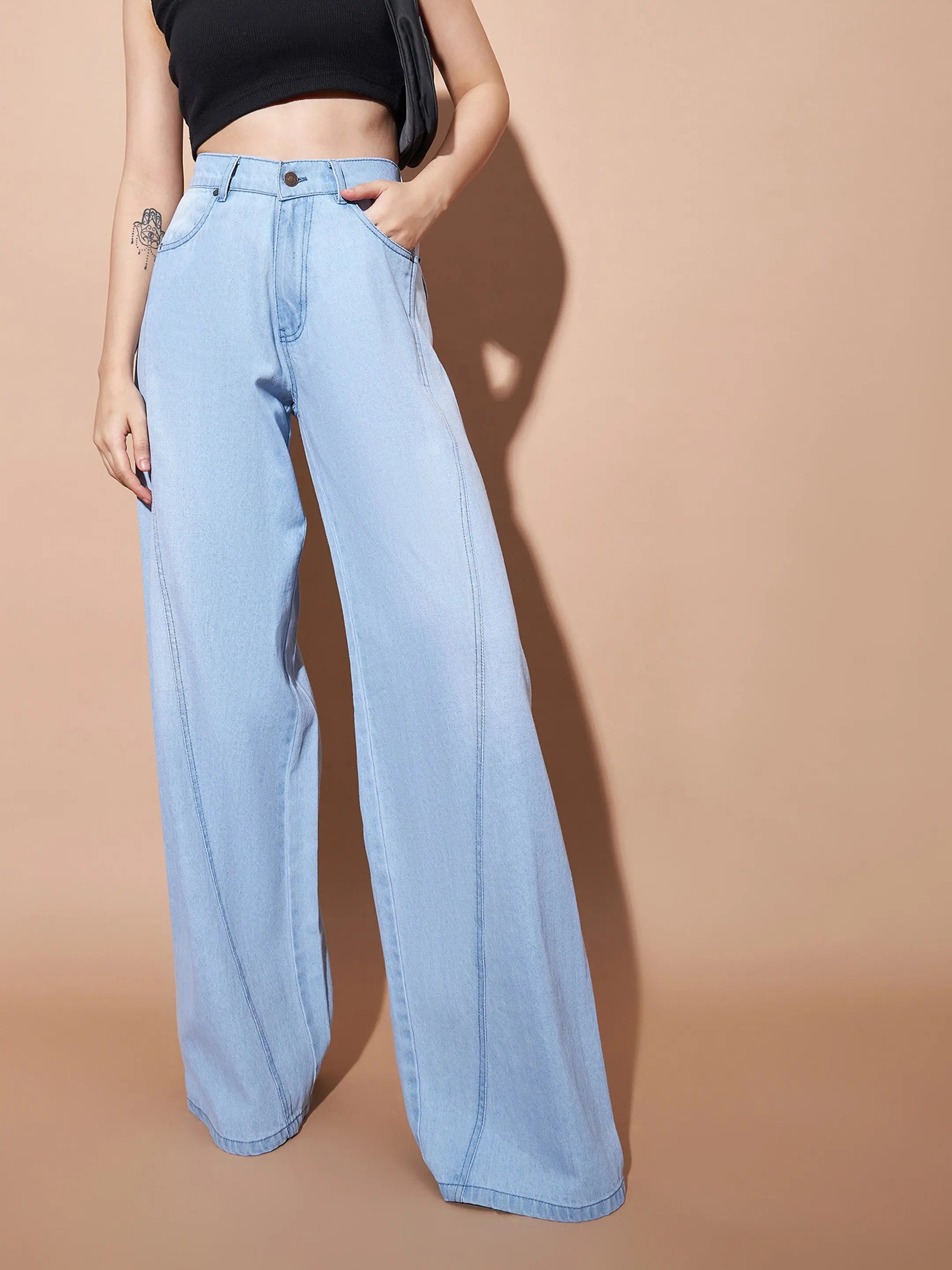 Ice Blue Wide Leg Jeans | Seam Detail Denim for Women