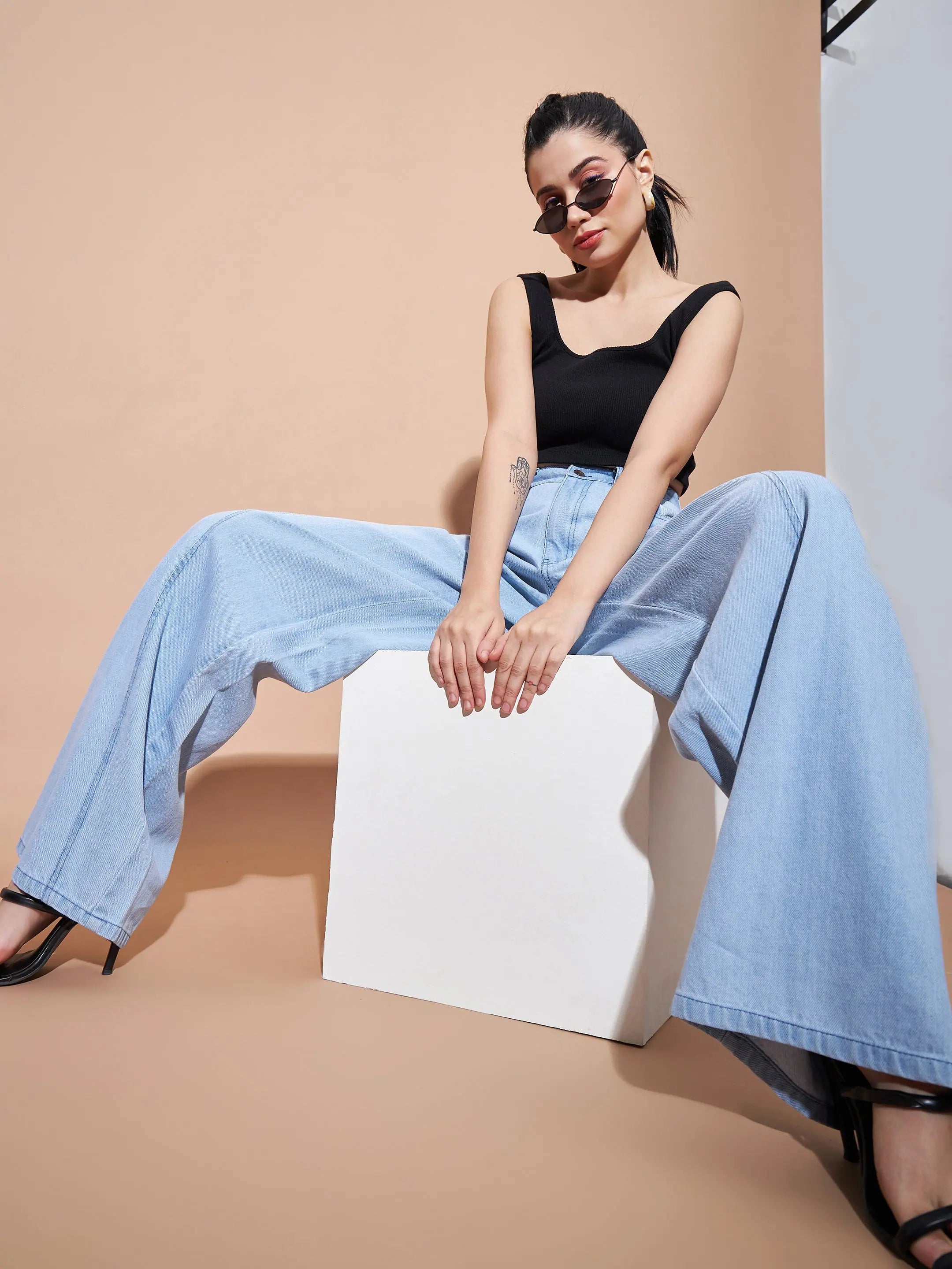 Ice Blue Wide Leg Jeans | Seam Detail Denim for Women
