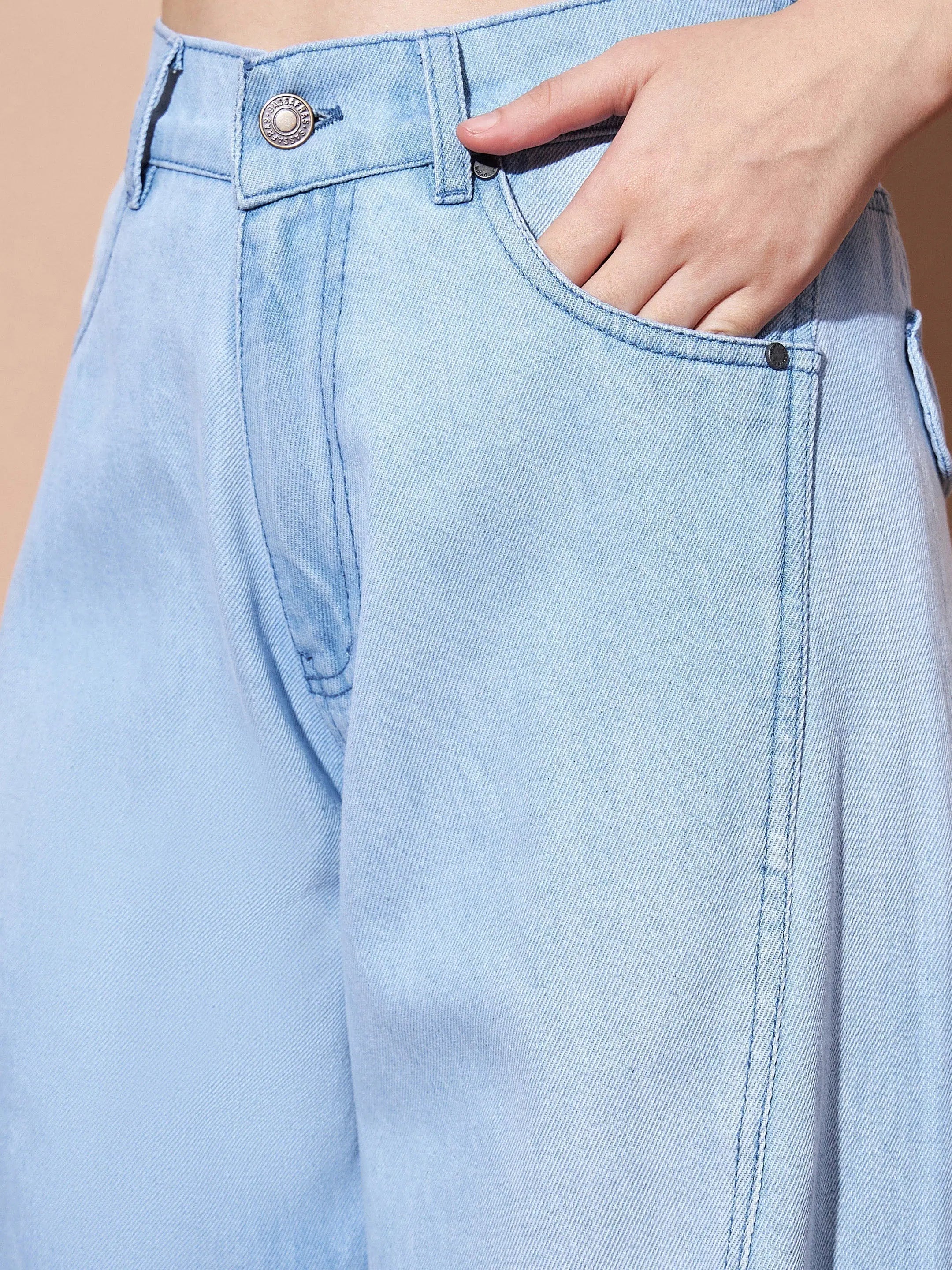 Ice Blue Wide Leg Jeans | Seam Detail Denim for Women