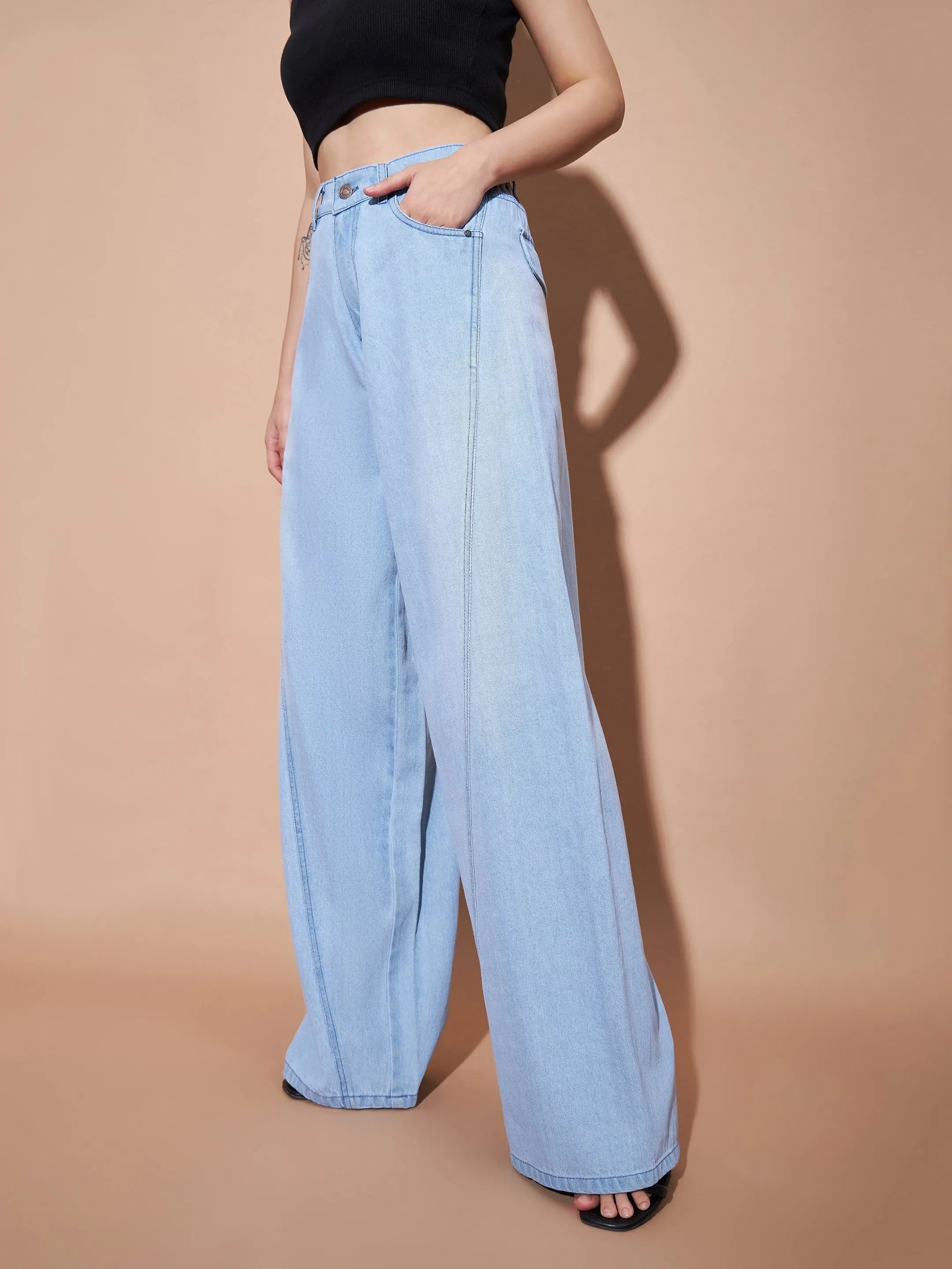 Ice Blue Wide Leg Jeans | Seam Detail Denim for Women