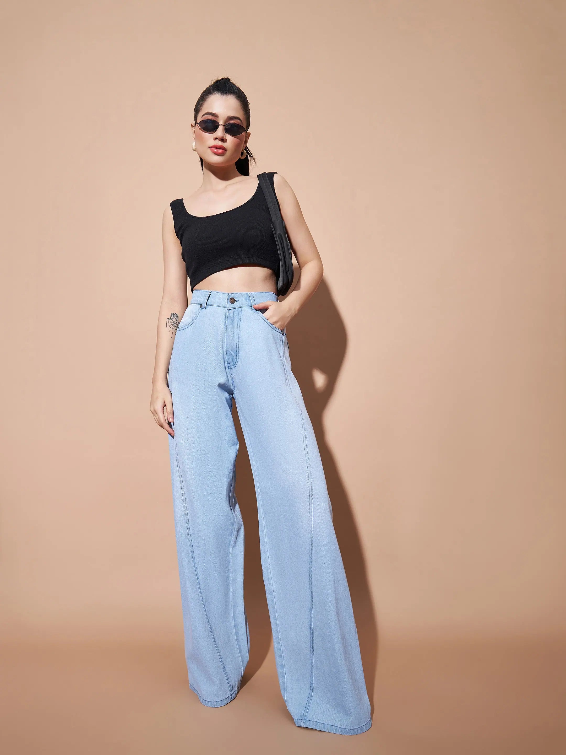 Ice Blue Wide Leg Jeans | Seam Detail Denim for Women